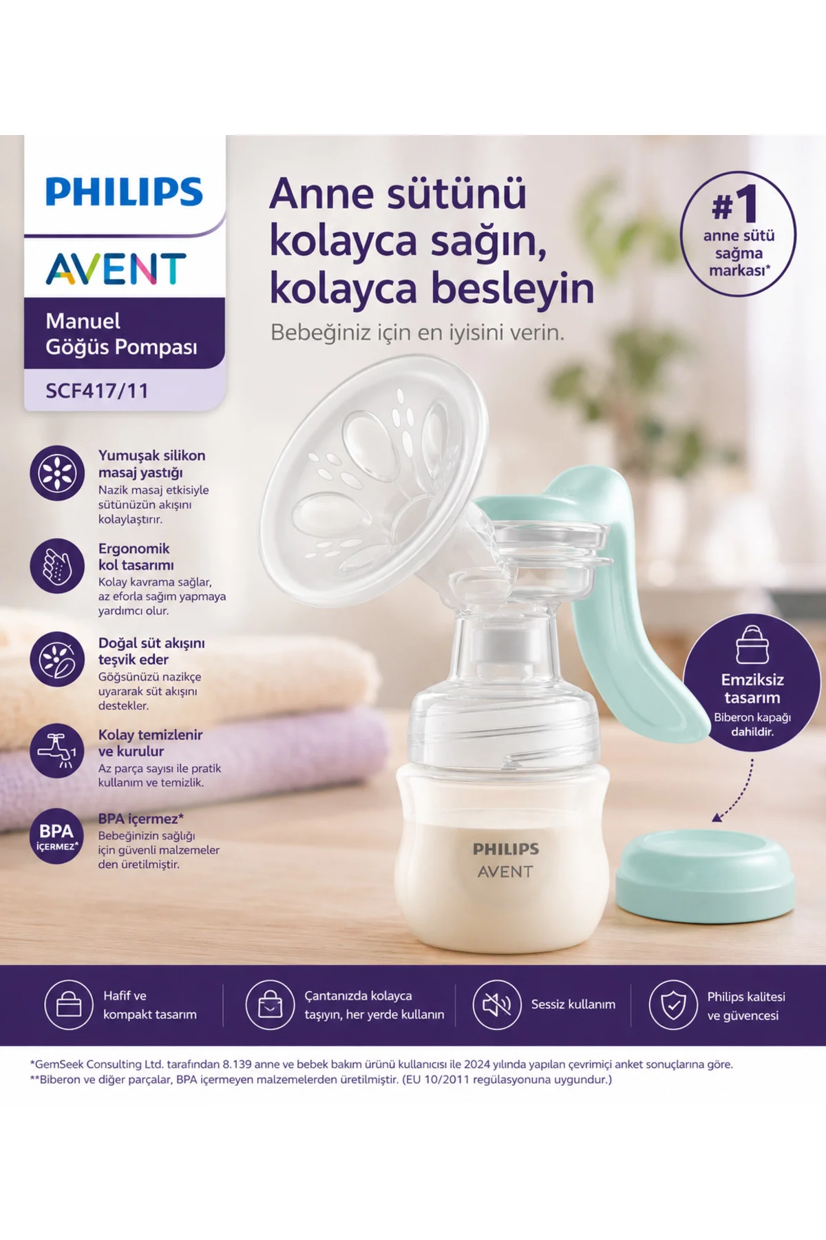 SCF417/11 Manuel Göğüs Pompası 125 ml Biberonlu Ergonomik Silikon Masaj Yastıklı Fiyatı, Yorumları ve Özellikleri