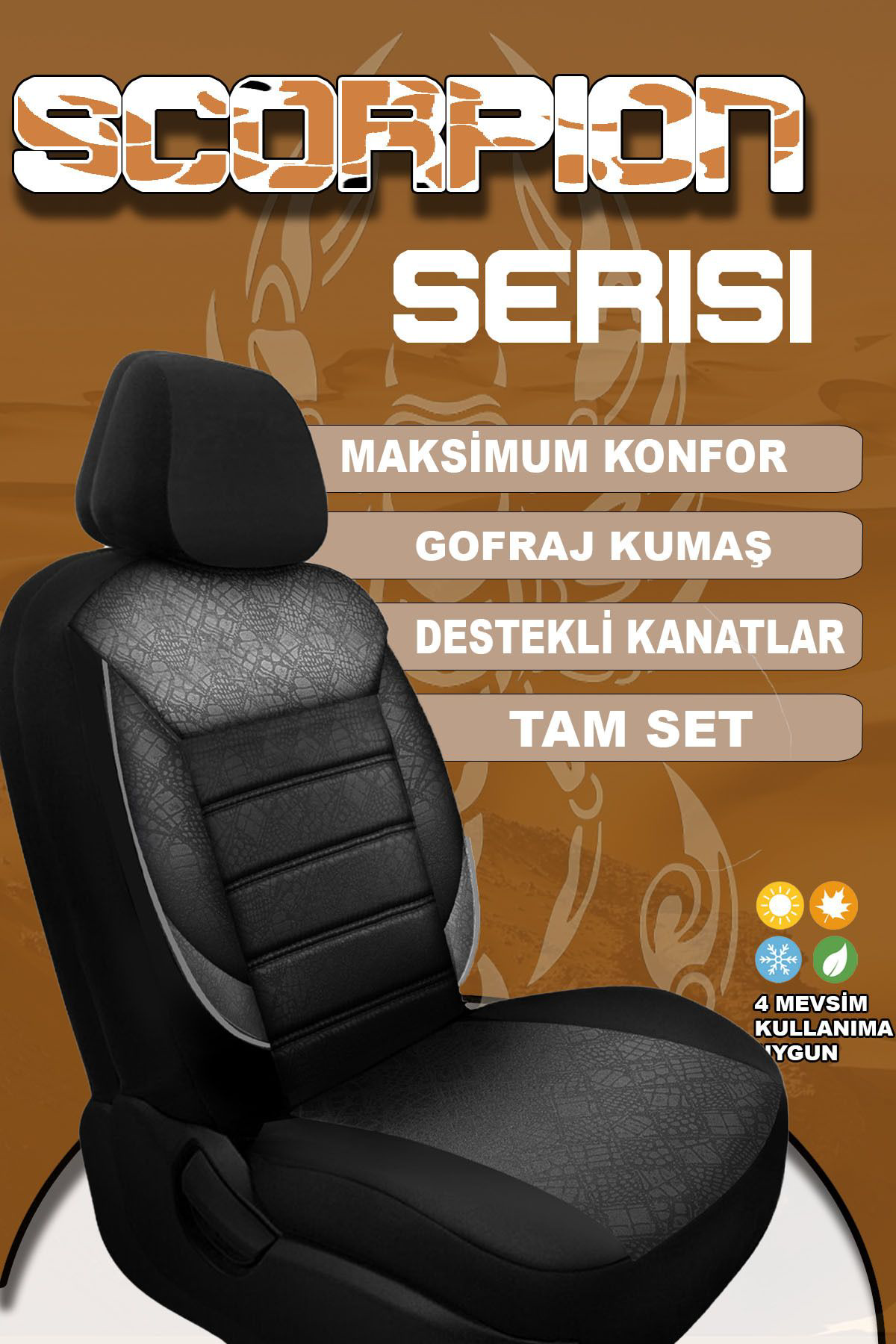 Scorpion Serisi Gofraj Kumaş Oto Koltuk Kılıfı Ön Arka Tam Set - 