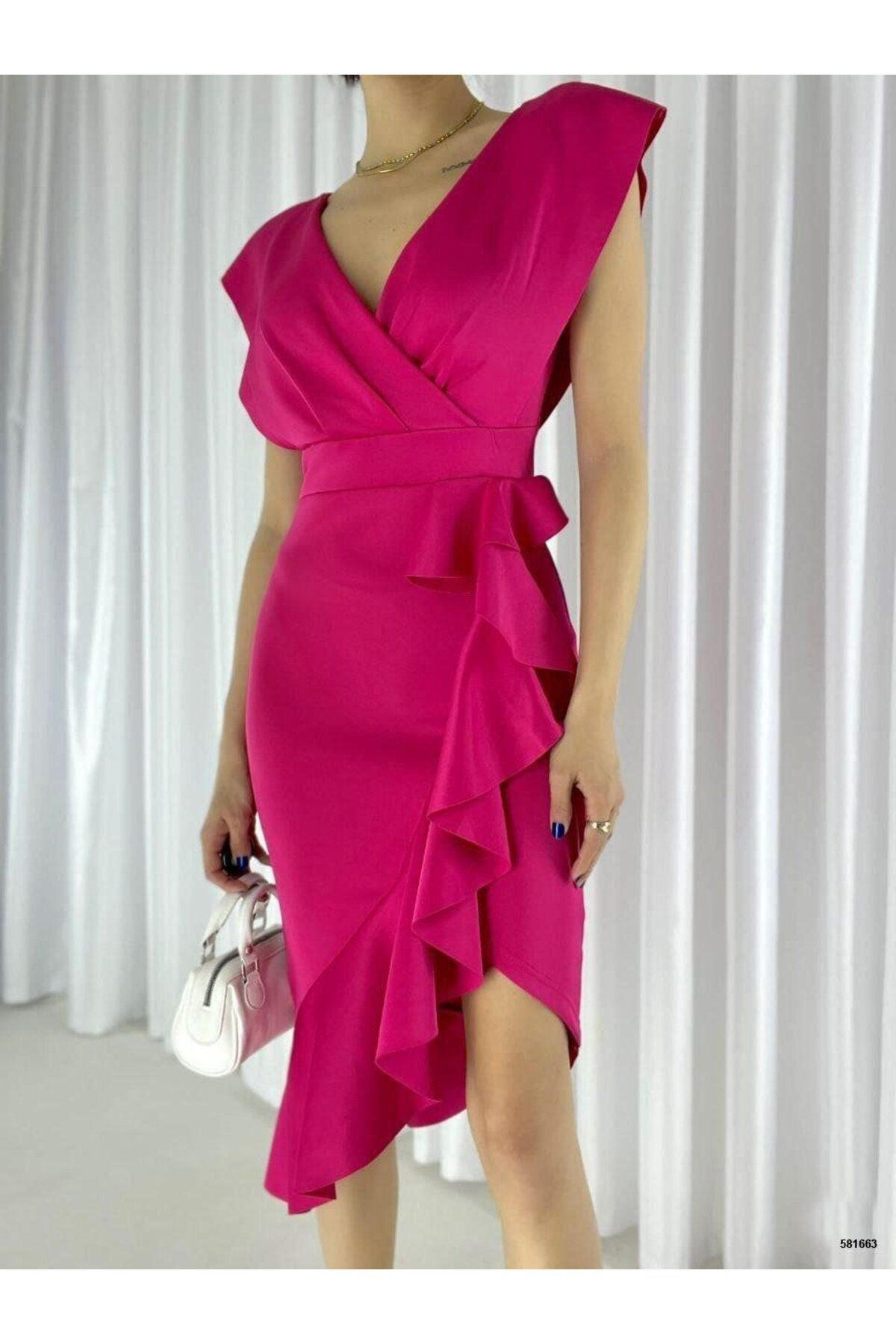 Scuba Kumaş Önü Fırfırlı Midi Boy Elbise