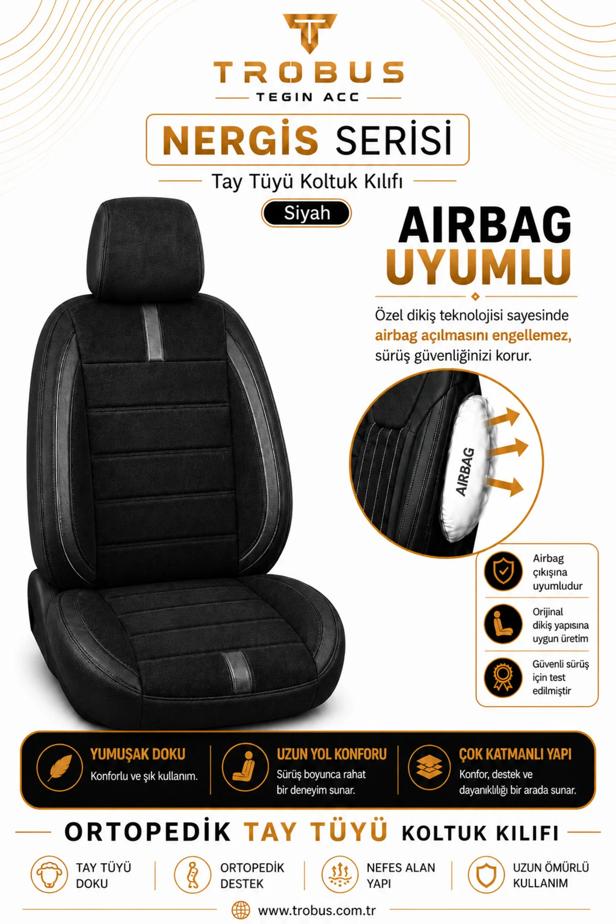 Seat Ateca 2016 Sonrası Uyumlu Nergis Siyah Ortopedik Tay Tüyü Koltuk Kılıfı