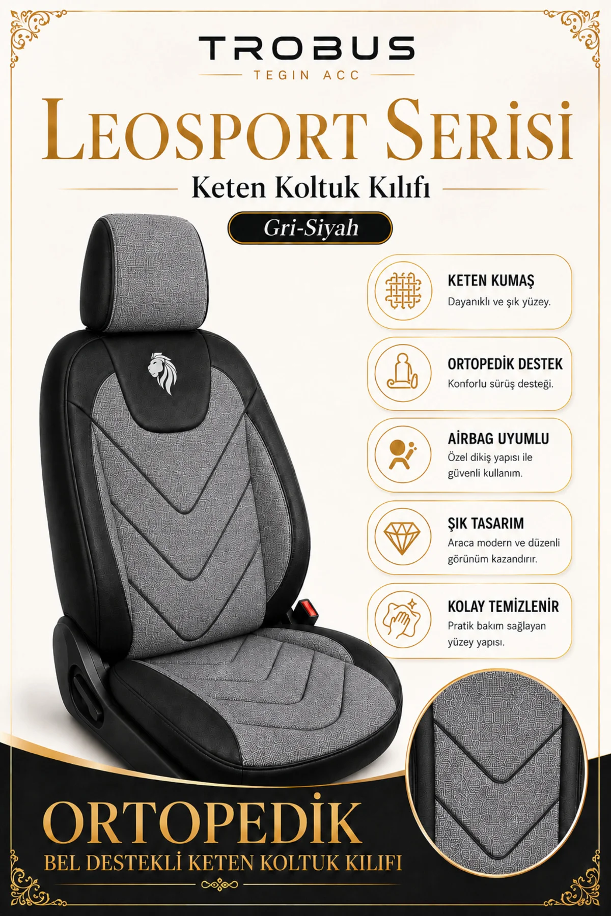 Seat Ateca 2016 Sonrası Uyumlu LeoSport Serisi Gri Siyah Ortopedik Keten Koltuk Kılıfı