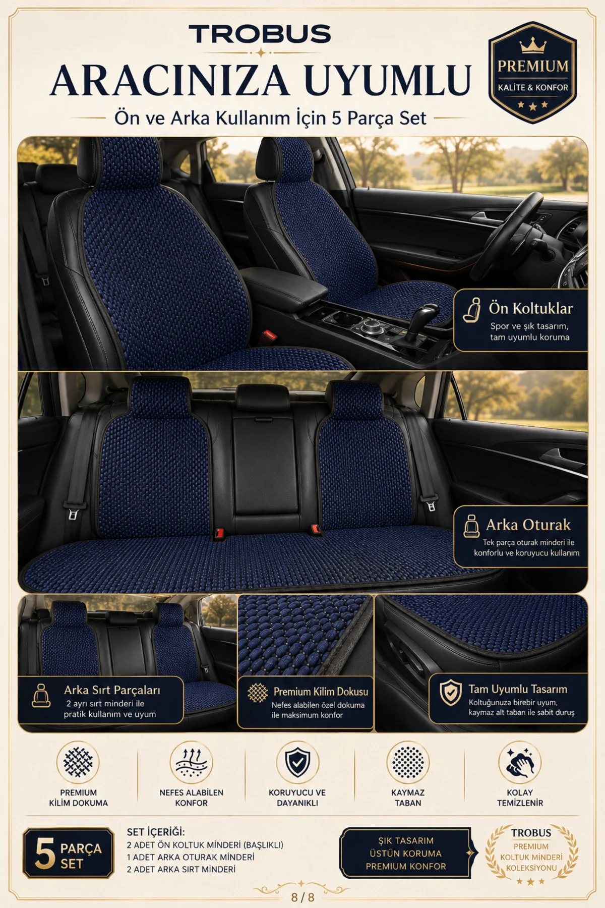 Seat Ateca 2018+ Premium Örme 5 Parça Koltuk Minderi Lacivert - Siyah Seat Ateca 2018+ Premium Örme 5 Parça Koltuk Minderi Lacivert - Siyah