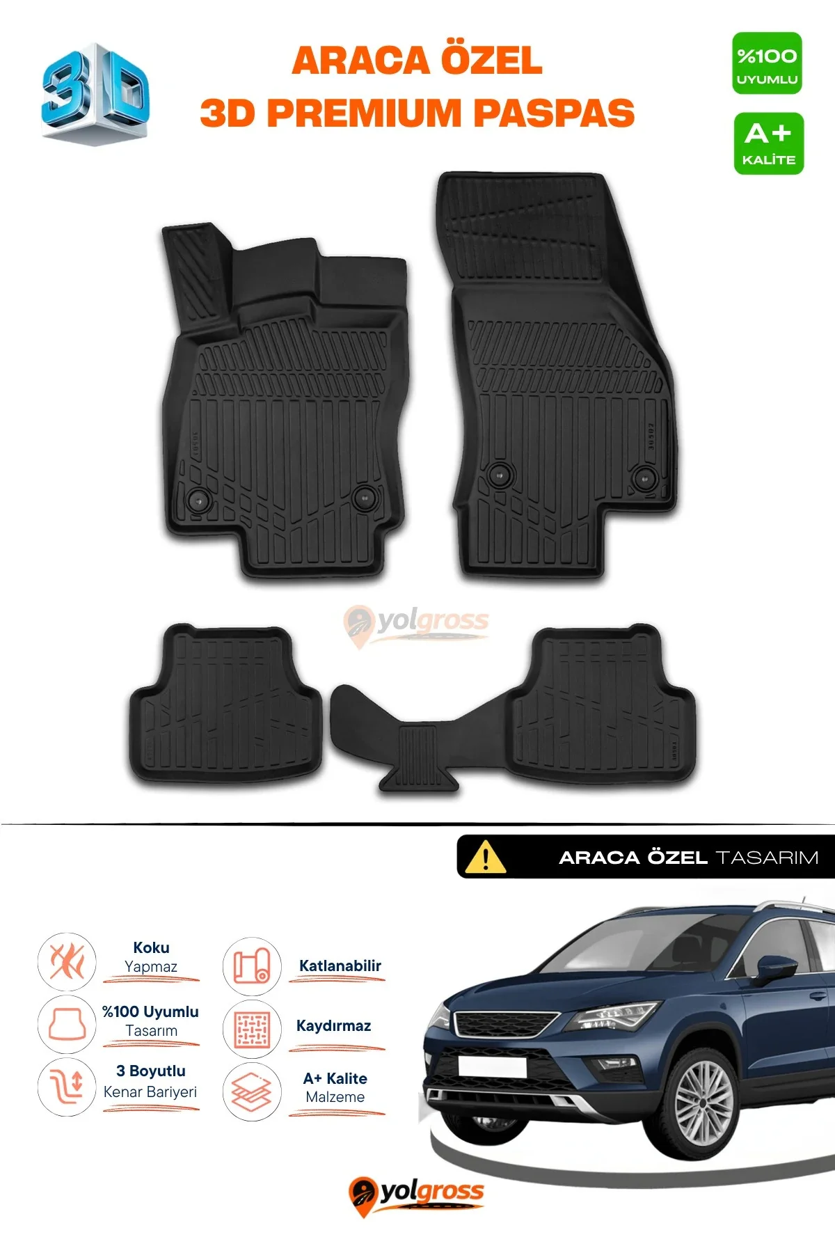 Seat Ateca 3D Pro Havuzlu Paspas 2016 Üzeri A+ Kalite Seat Ateca 3D Pro Havuzlu Paspas 2016 Üzeri A+ Kalite