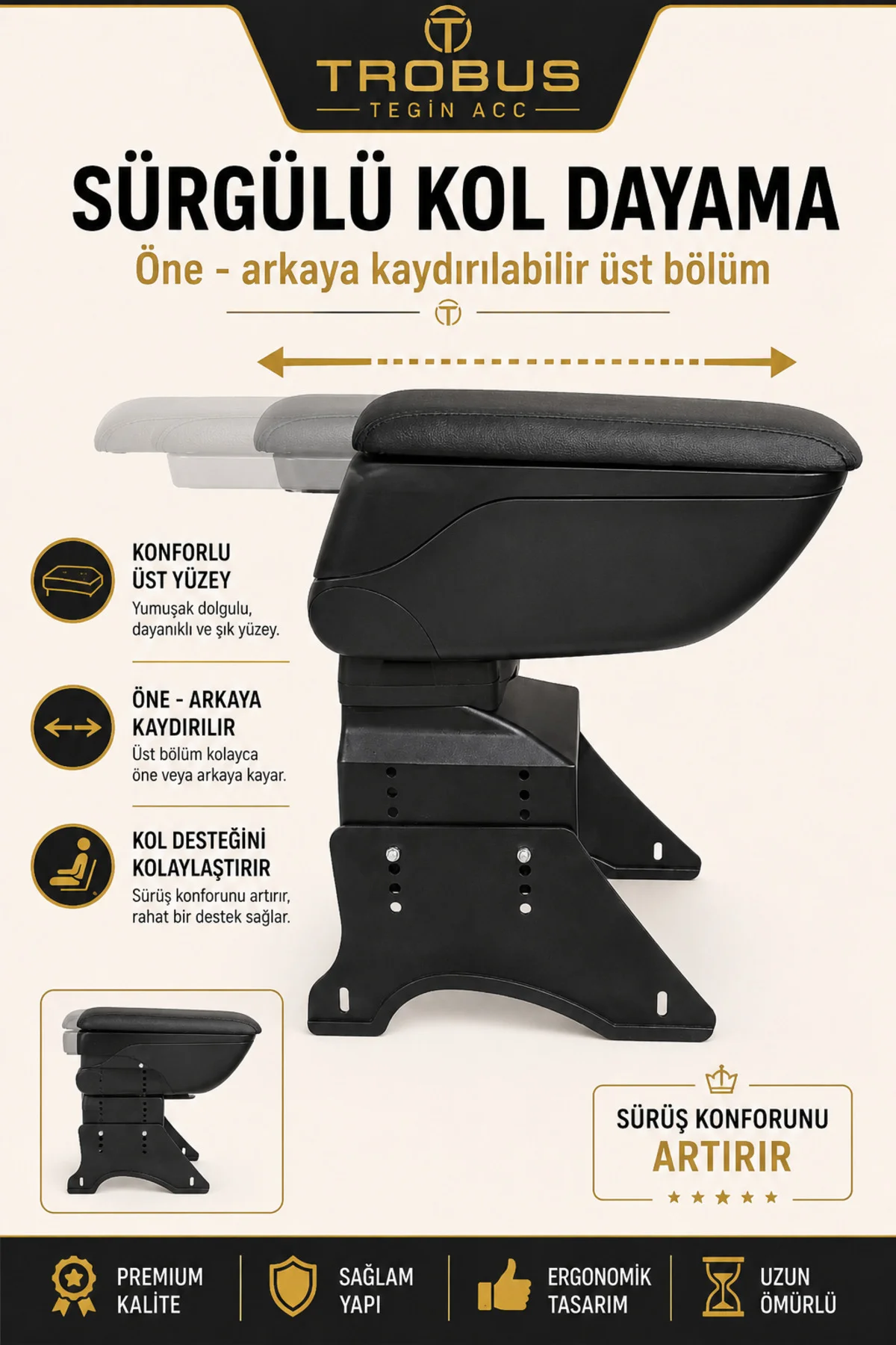 Seat Cordoba 1993-2009 Uyumlu Siyah Ayaklı Sürgülü Kolçak Ayarlanabilir Yükseklikli Fiyatı, Yorumları ve Özellikleri