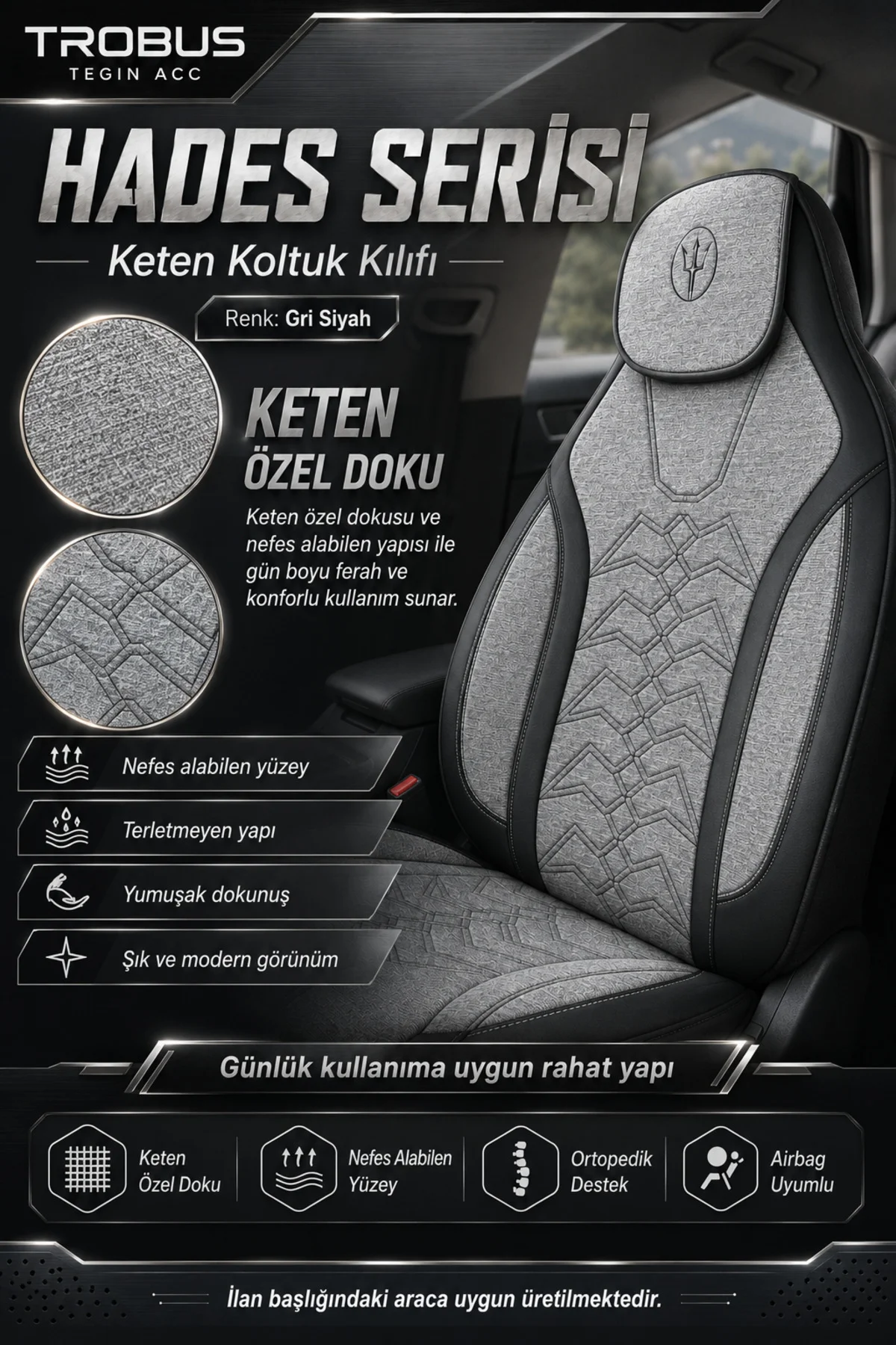 Seat Ibiza 2008 ve Sonrası Uyumlu Hades Serisi Keten Koltuk Kılıfı Gri Siyah