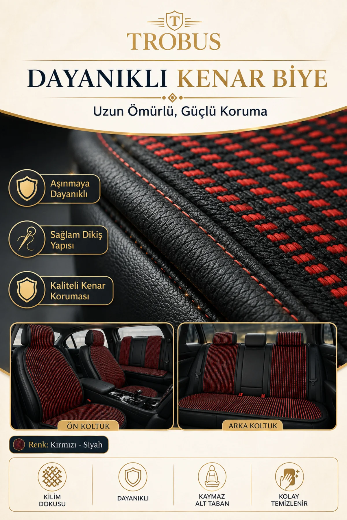 Seat Ibiza 6L 5 Kapı 2002-2009 Üniversal Premium Örme 5 Parça Minder Terletmez Siyah Kırmızı