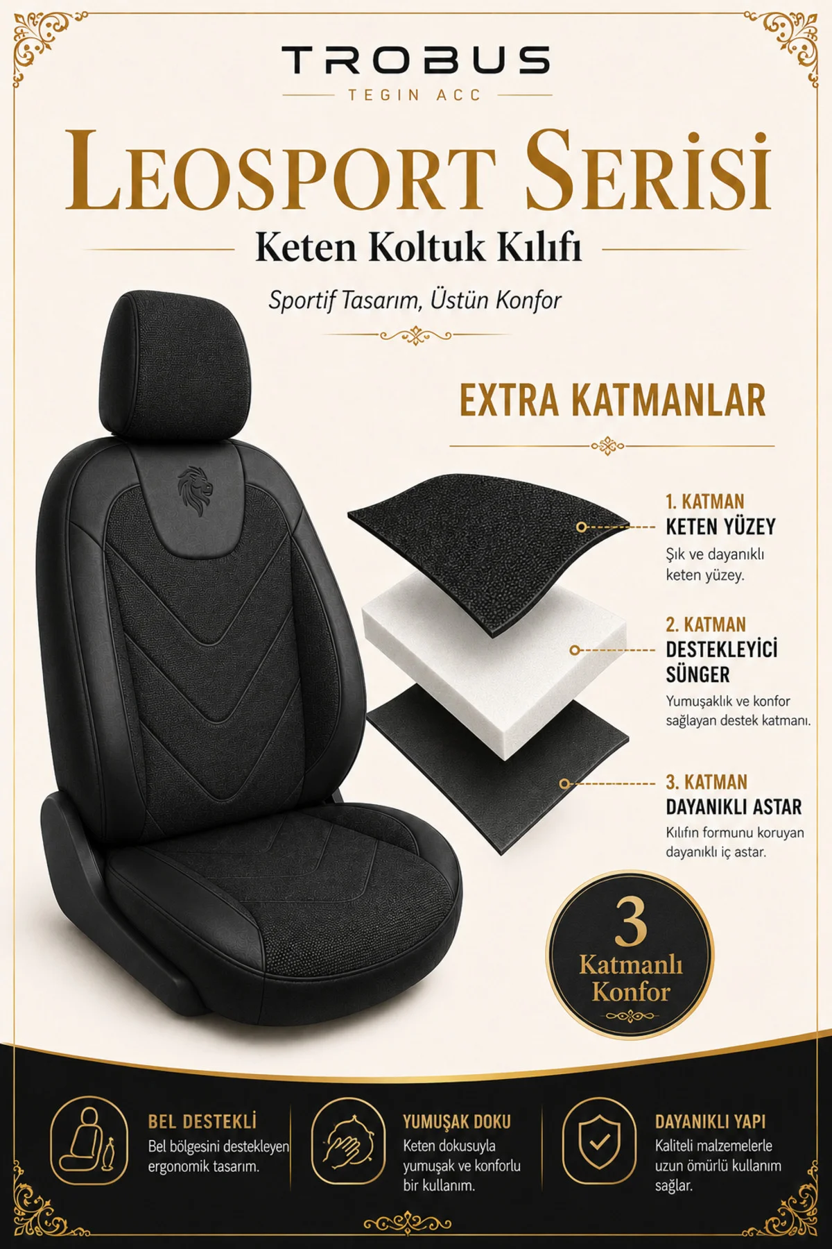 Seat Ibiza 6L 5 Kapı 2002-2009 Uyumlu LeoSport Serisi Keten Oto Koltuk Kılıfı Siyah