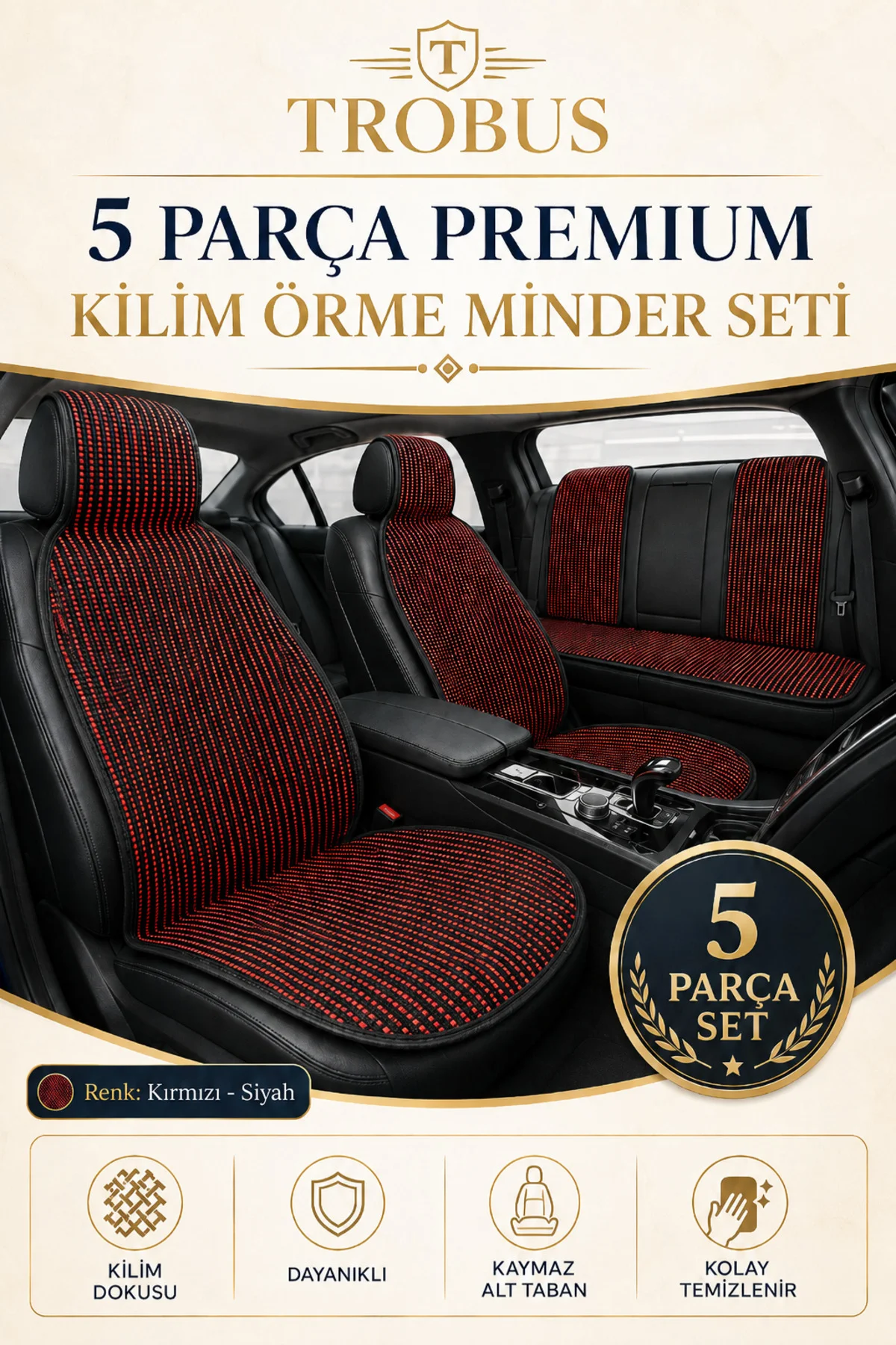 Seat Ibiza 6L 5 Kapı 2002-2009 Üniversal Premium Örme 5 Parça Minder Terletmez Siyah Kırmızı