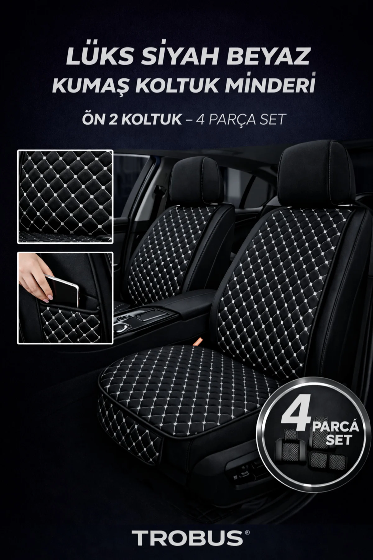 Seat İbiza Uyumlu 5 Parça Terletmez Kumaş Koltuk Minderi Siyah Beyaz