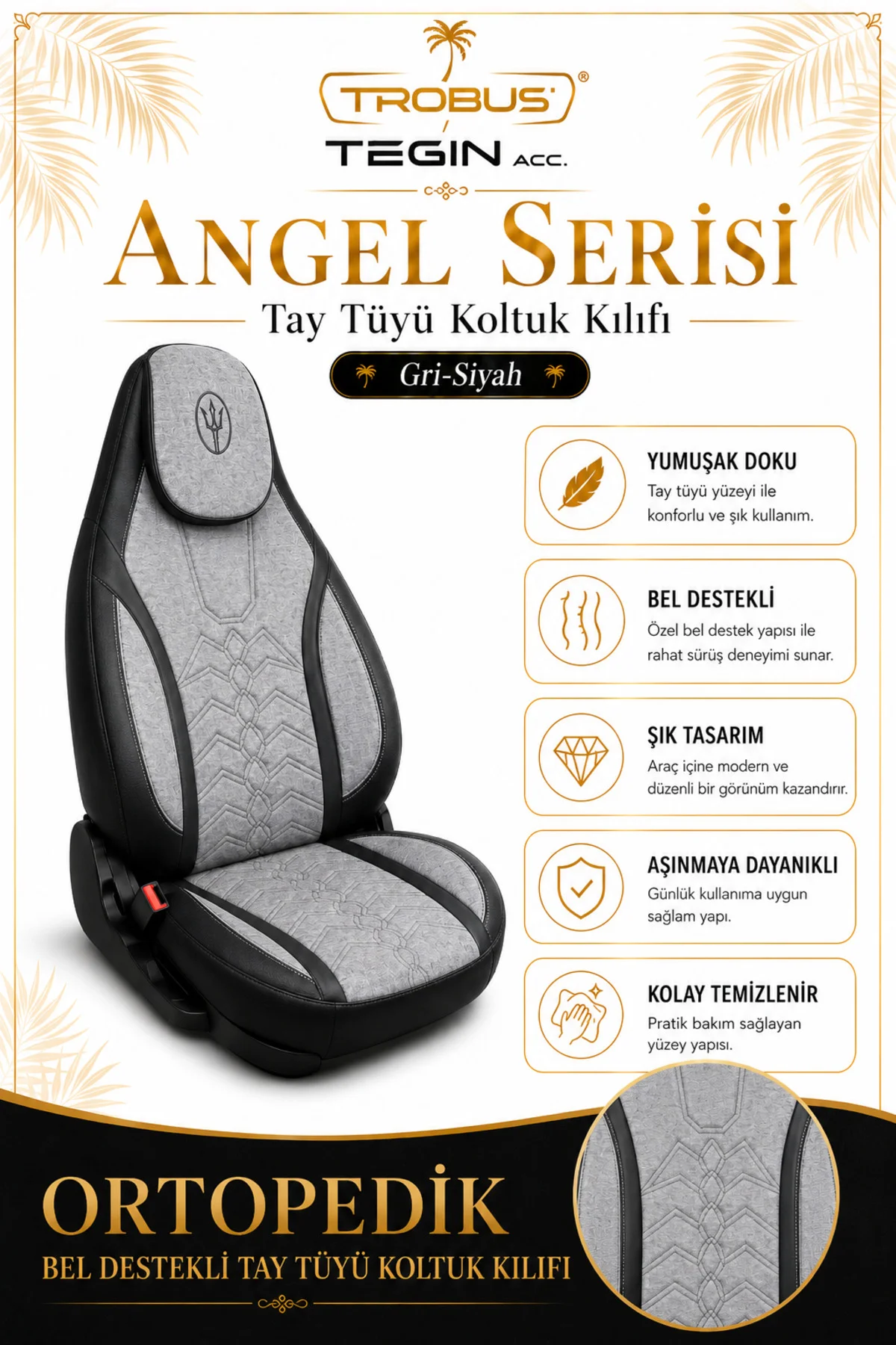 Seat Leon 2005 ve Sonrası Uyumlu Angel Serisi Tay Tüyü Koltuk Kılıfı Gri Siyah