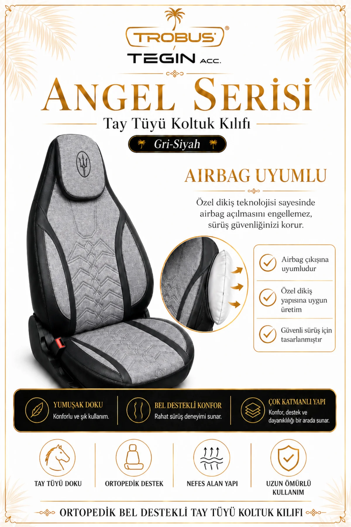 Seat Leon 2005 ve Sonrası Uyumlu Angel Serisi Tay Tüyü Koltuk Kılıfı Gri Siyah