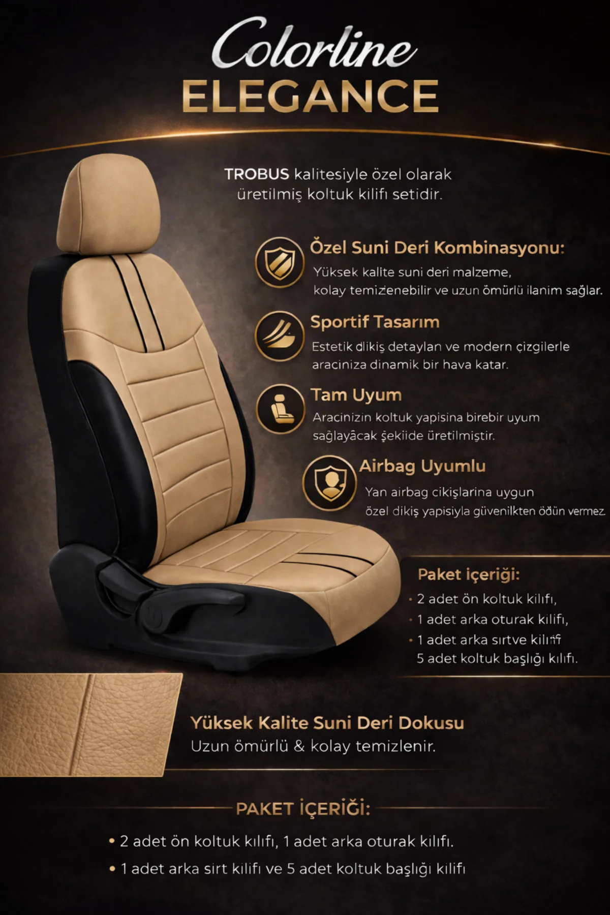 Seat Leon 2005 ve Sonrası Uyumlu Colorline Elegance Deri Bej Siyah Koltuk Kılıfı