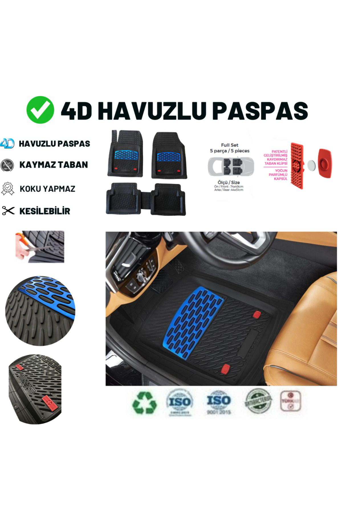 Zeyno Ticaret Seat Leon 2018 Uyumlu Havuzlu Üniversal Maxi Paspas Mavi - Siyah