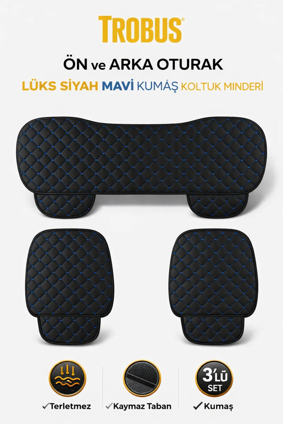 Seat Leon FR 2011+ Kapitone Kumaş 3 Parça Oto Koltuk Minderi Terletmez Kaymaz Taban Siyah Mavi Fiyatı, Yorumları ve Özellikleri