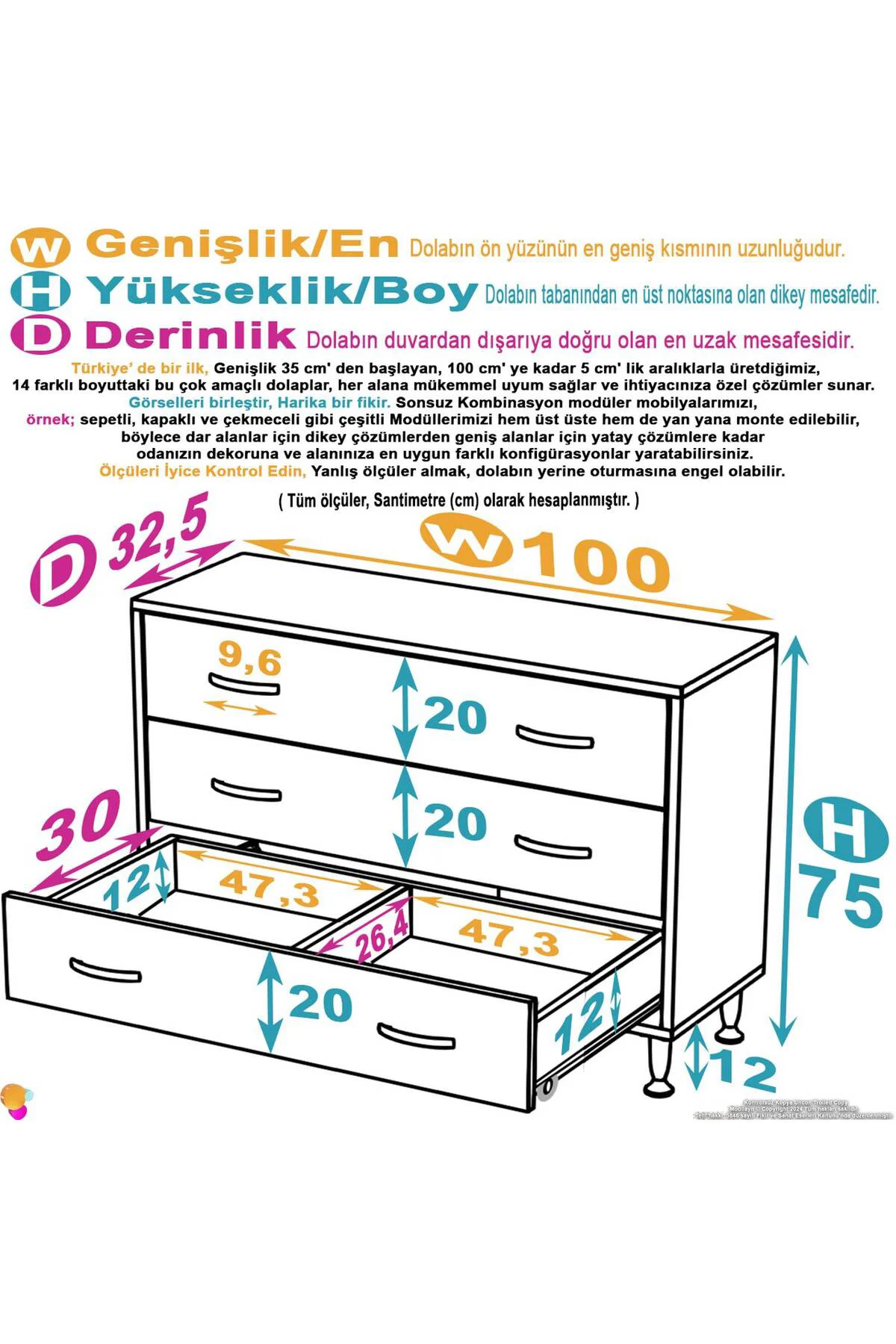 Seçer 3 Çekmeceli 100 cm Banyo ve Mutfak Dolabı Beyaz 100x75x32,5