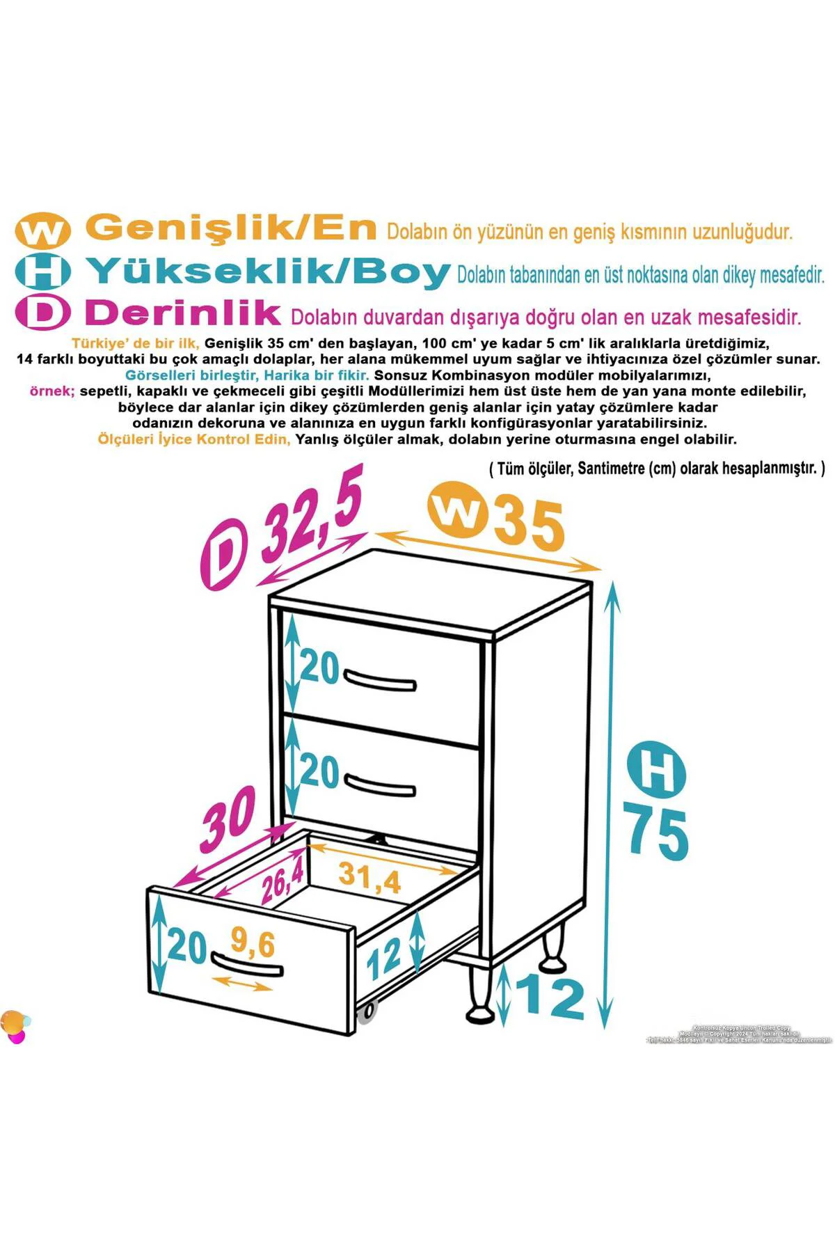 Seçer 3 Çekmeceli 35 cm Banyo ve Mutfak Dolabı Beyaz 35x75x32,5 c