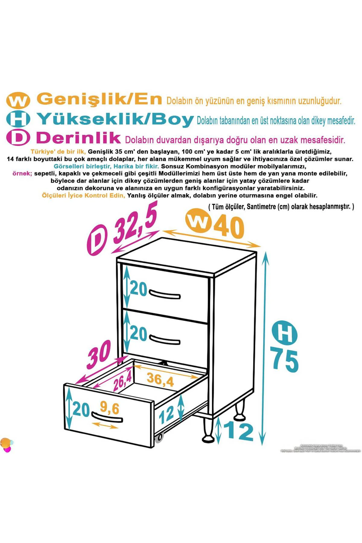 Seçer 3 Çekmeceli 40 cm Banyo ve Mutfak Dolabı Beyaz 40x75x32,5 c