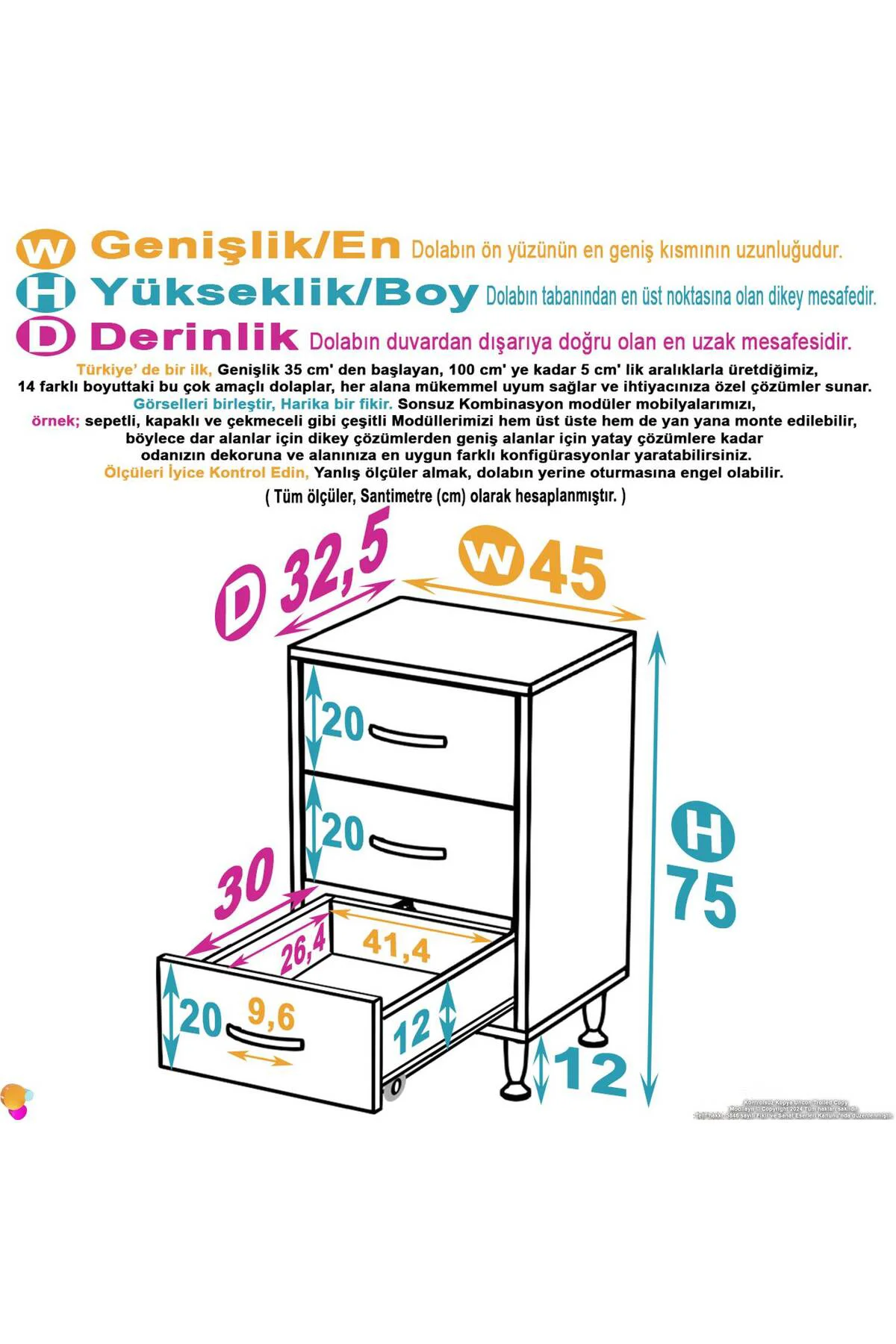 Seçer 3 Çekmeceli 45 cm Banyo ve Mutfak Dolabı Beyaz 45x75x32,5 c
