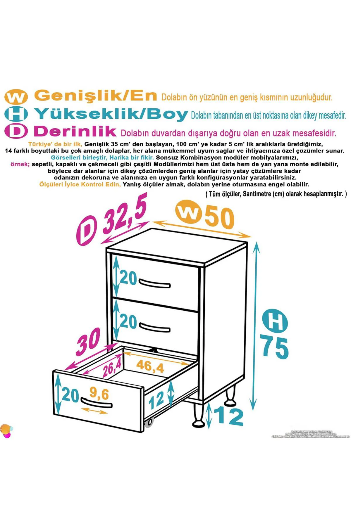 Seçer 3 Çekmeceli 50 cm Banyo ve Mutfak Dolabı Beyaz 50x75x32,5 c