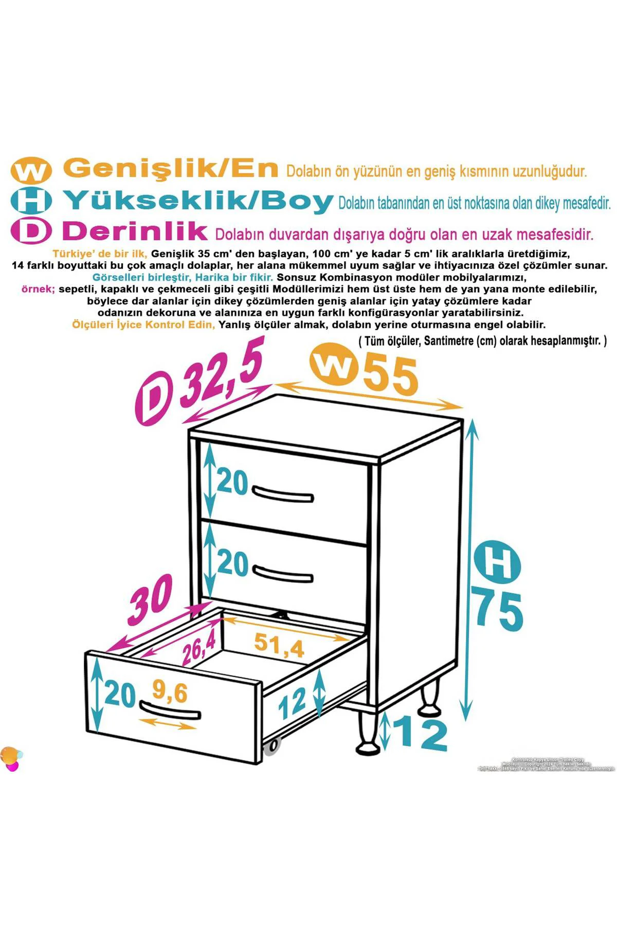 Seçer 3 Çekmeceli 55 cm Banyo ve Mutfak Dolabı Beyaz 55x75x32,5 c