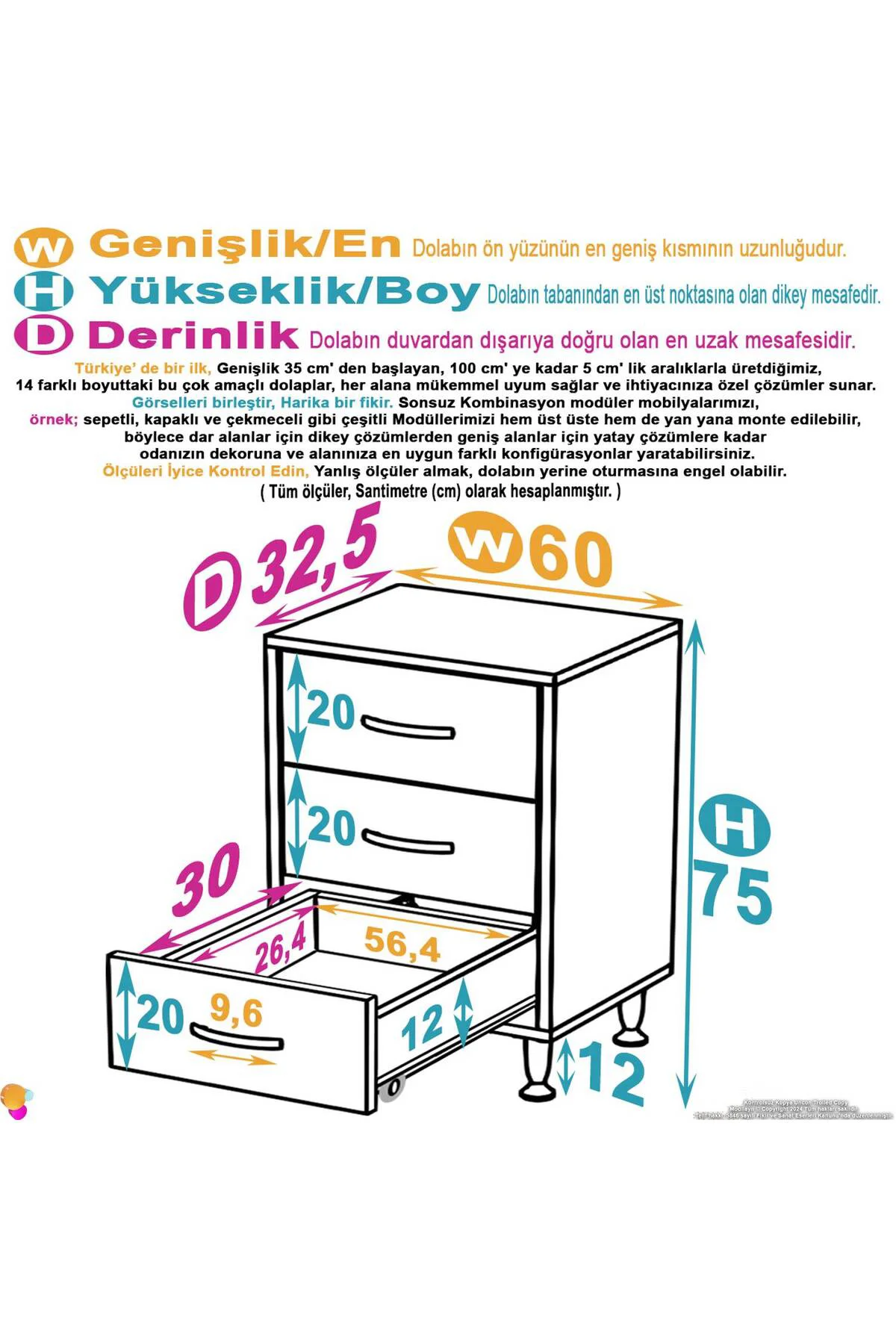 Seçer 3 Çekmeceli 60 cm Banyo ve Mutfak Dolabı Beyaz 60x75x32,5 c
