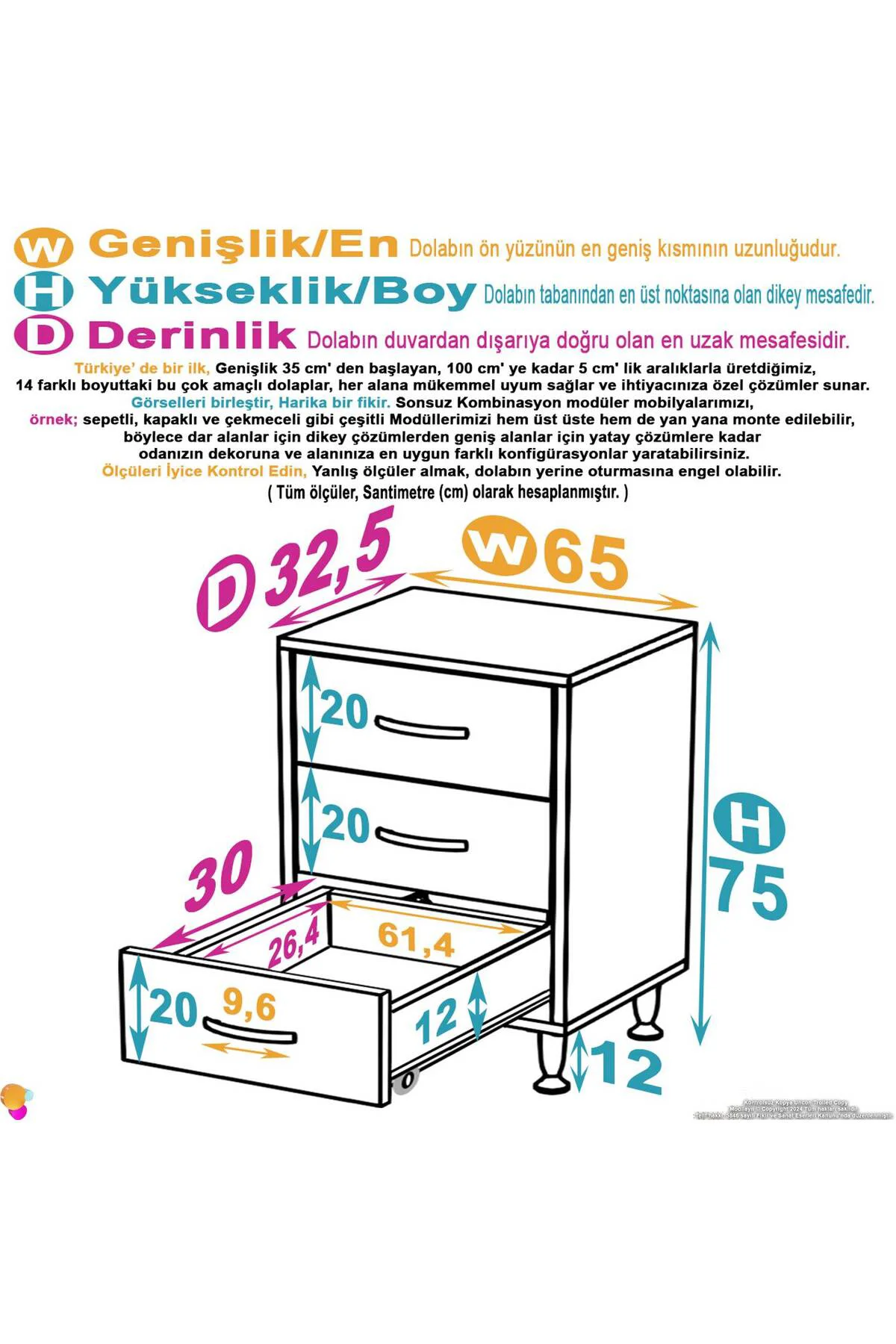 Seçer 3 Çekmeceli 65 cm Banyo ve Mutfak Dolabı Beyaz 65x75x32,5 c