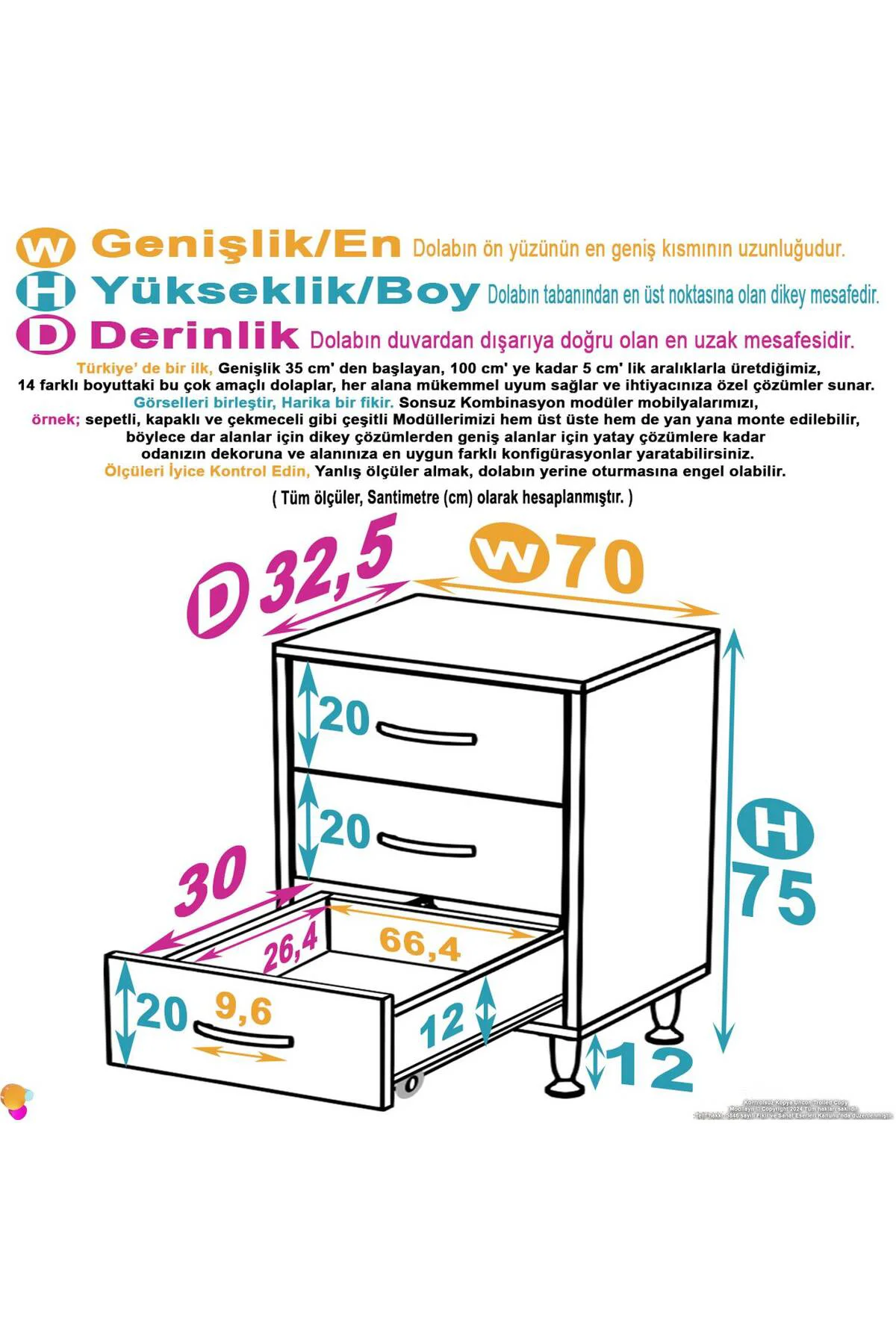 Seçer 3 Çekmeceli 70 cm Banyo ve Mutfak Dolabı Beyaz 70x75x32,5 c