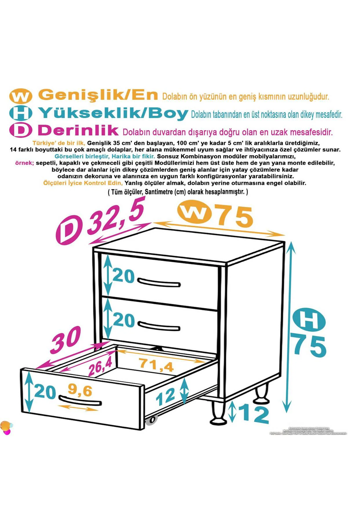 Seçer 3 Çekmeceli 75 cm Banyo ve Mutfak Dolabı Beyaz 75x75x32,5 c