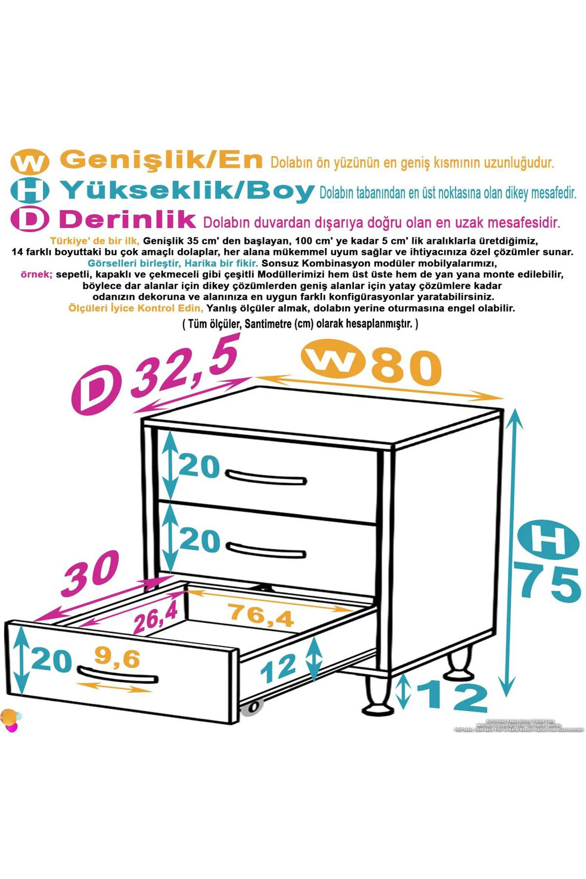 Seçer 3 Çekmeceli 80 cm Banyo ve Mutfak Dolabı Beyaz 80x75x32,5 c