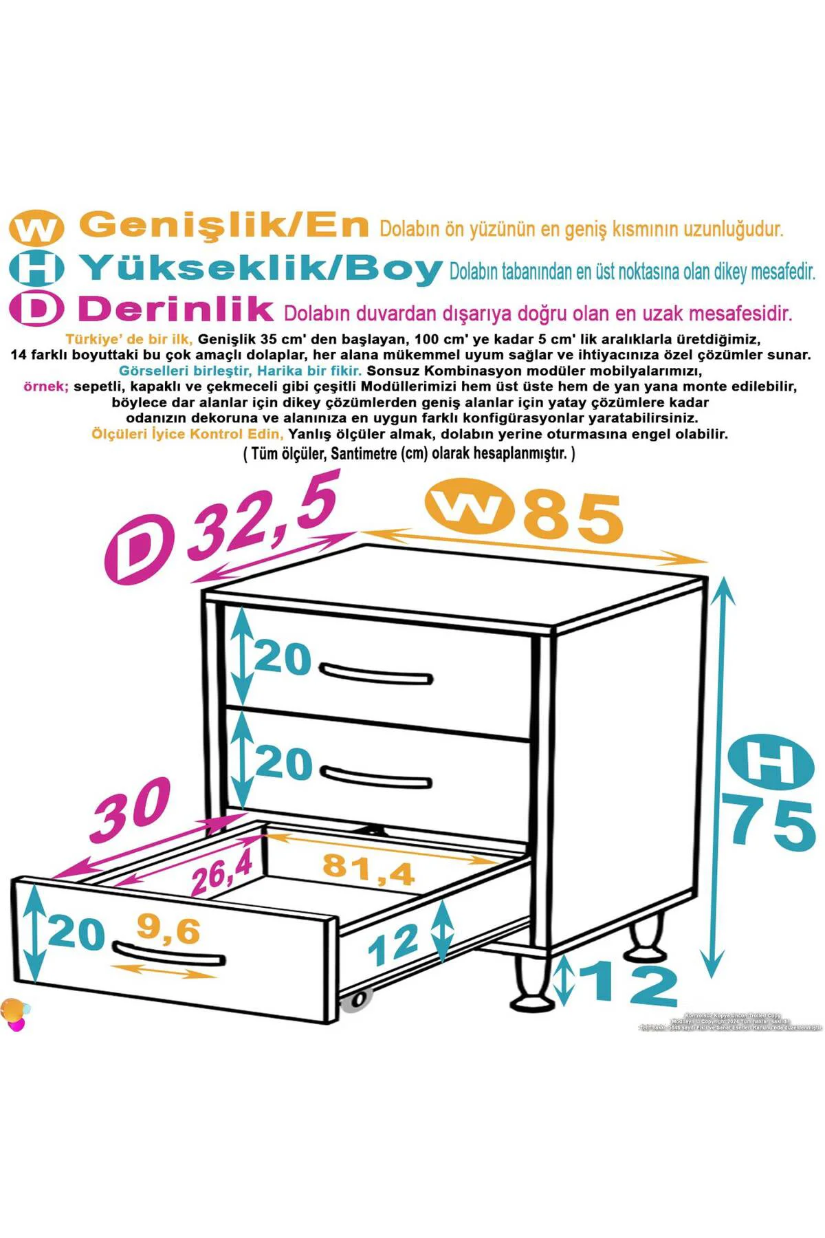 Seçer 3 Çekmeceli 85 cm Banyo ve Mutfak Dolabı Beyaz 85x75x32,5 c