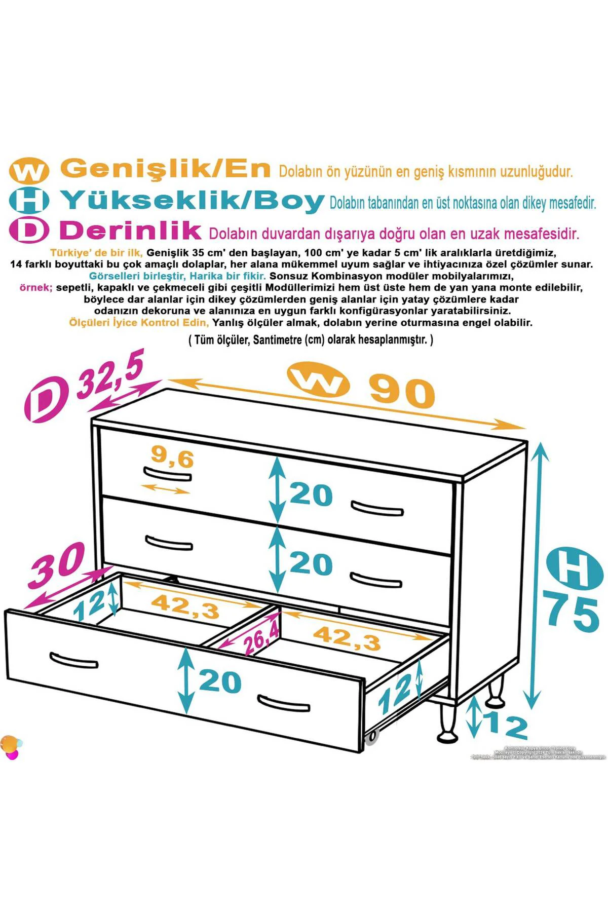 Seçer 3 Çekmeceli 90 cm Banyo ve Mutfak Dolabı Beyaz 90x75x32,5 c