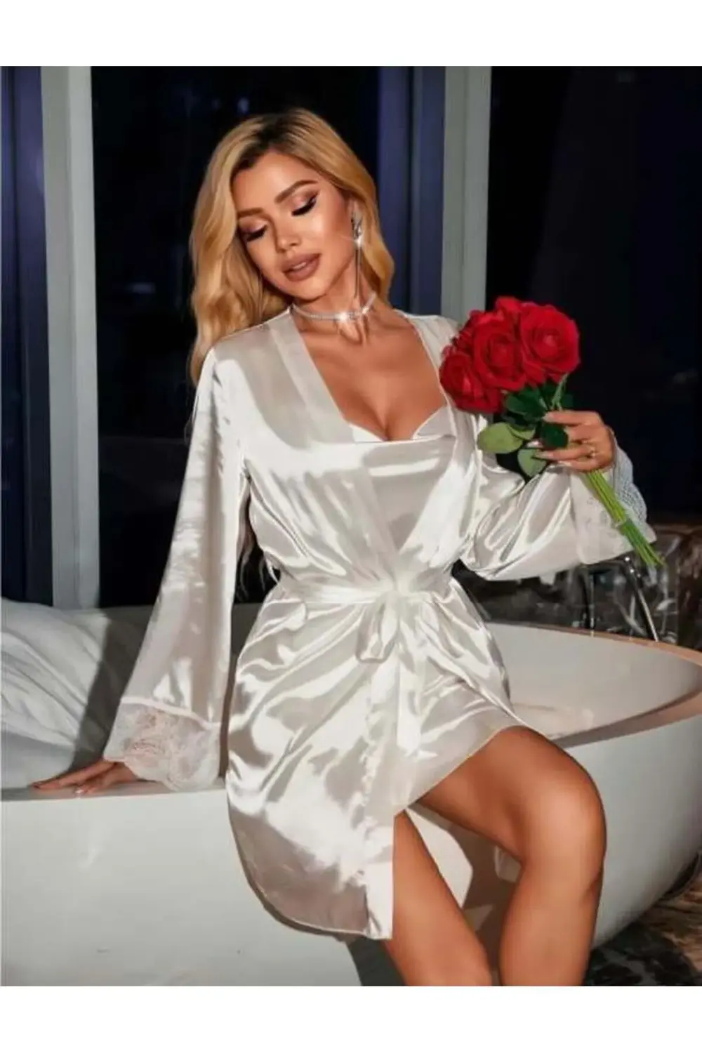 Secretsita Dantel İşlemeli İnce Askılı Beyaz Saten 2'li Gecelik S