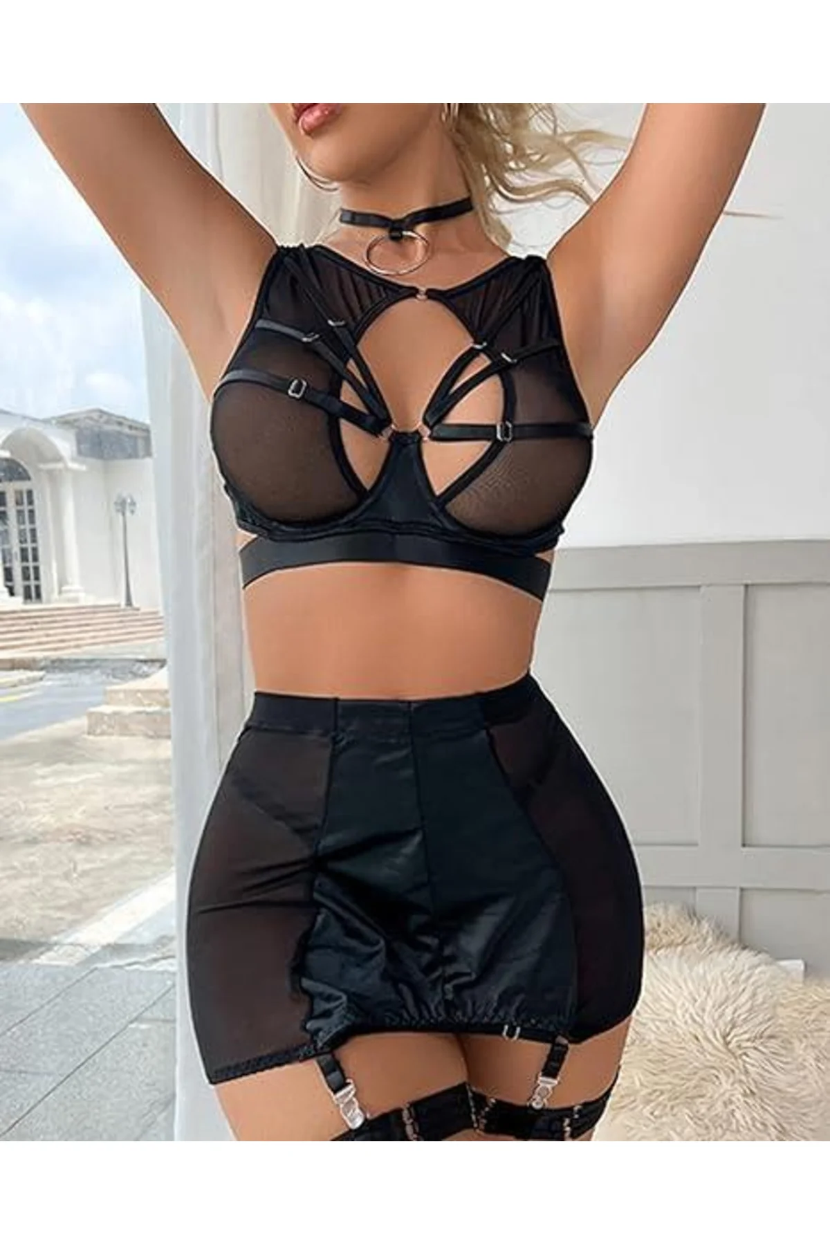 Secretsita Özel Tasarım Seksi Etekli Siyah Fantezi Jartiyer Takım