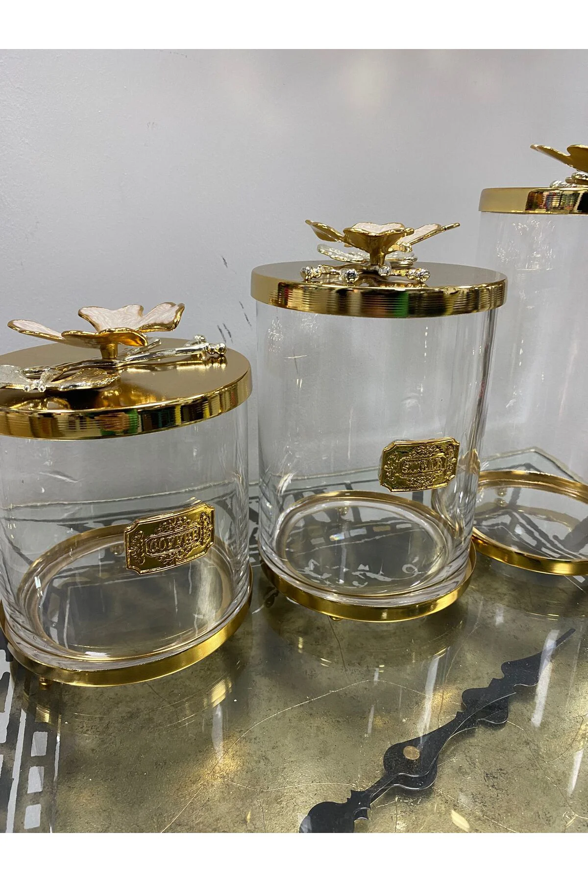 Sedefli Gold Detaylı Çay Şeker Kavanozu 3 Lü