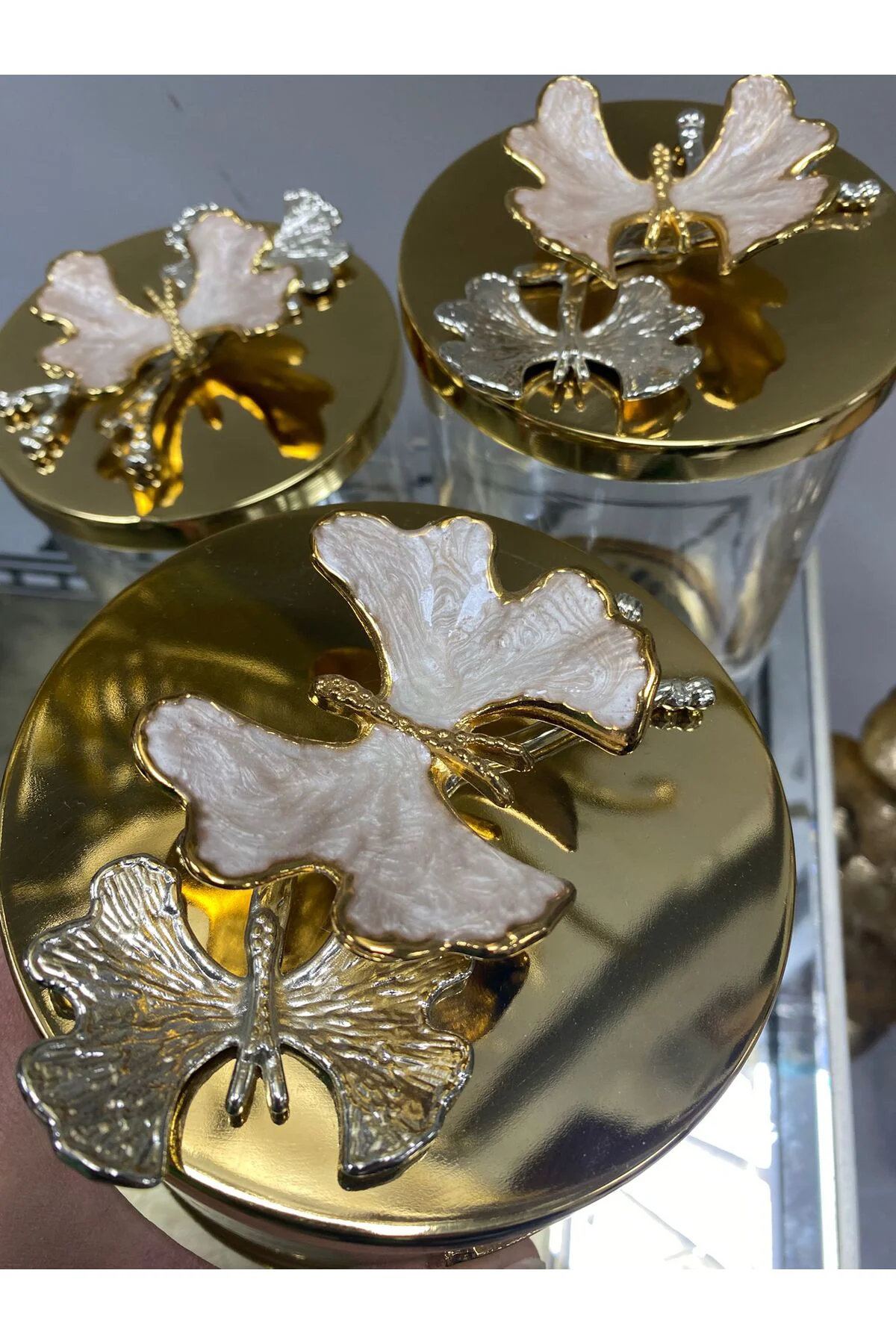 Sedefli Gold Detaylı Çay Şeker Kavanozu 3 Lü