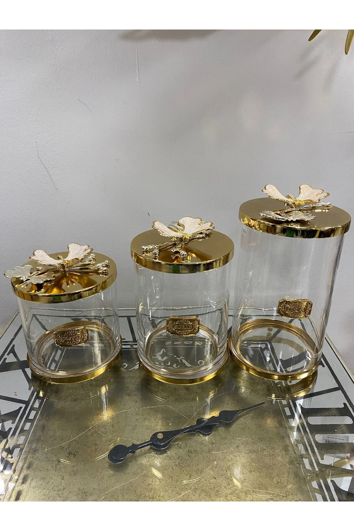 Sedefli Gold Detaylı Çay Şeker Kavanozu 3 Lü