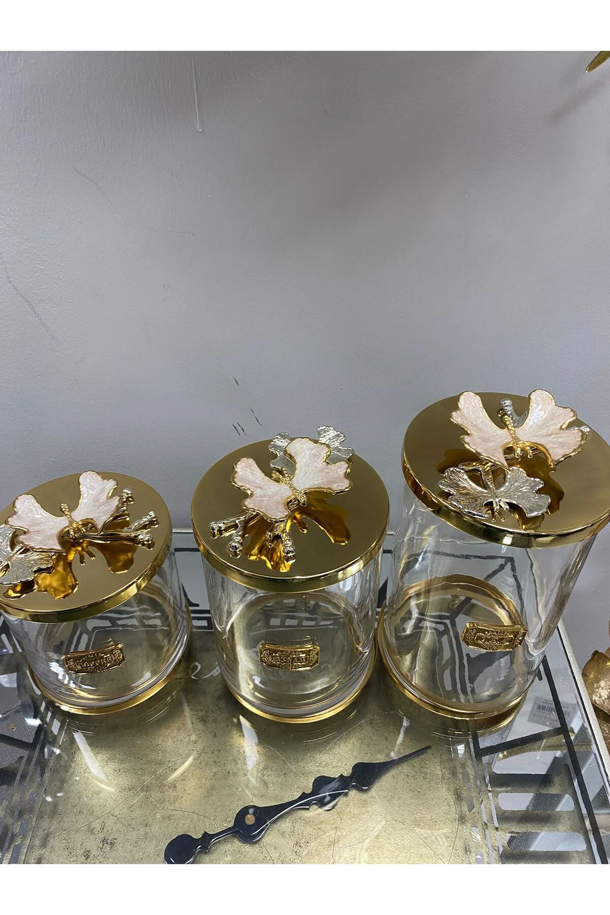 Sedefli Gold Detaylı Çay Şeker Kavanozu 3 Lü