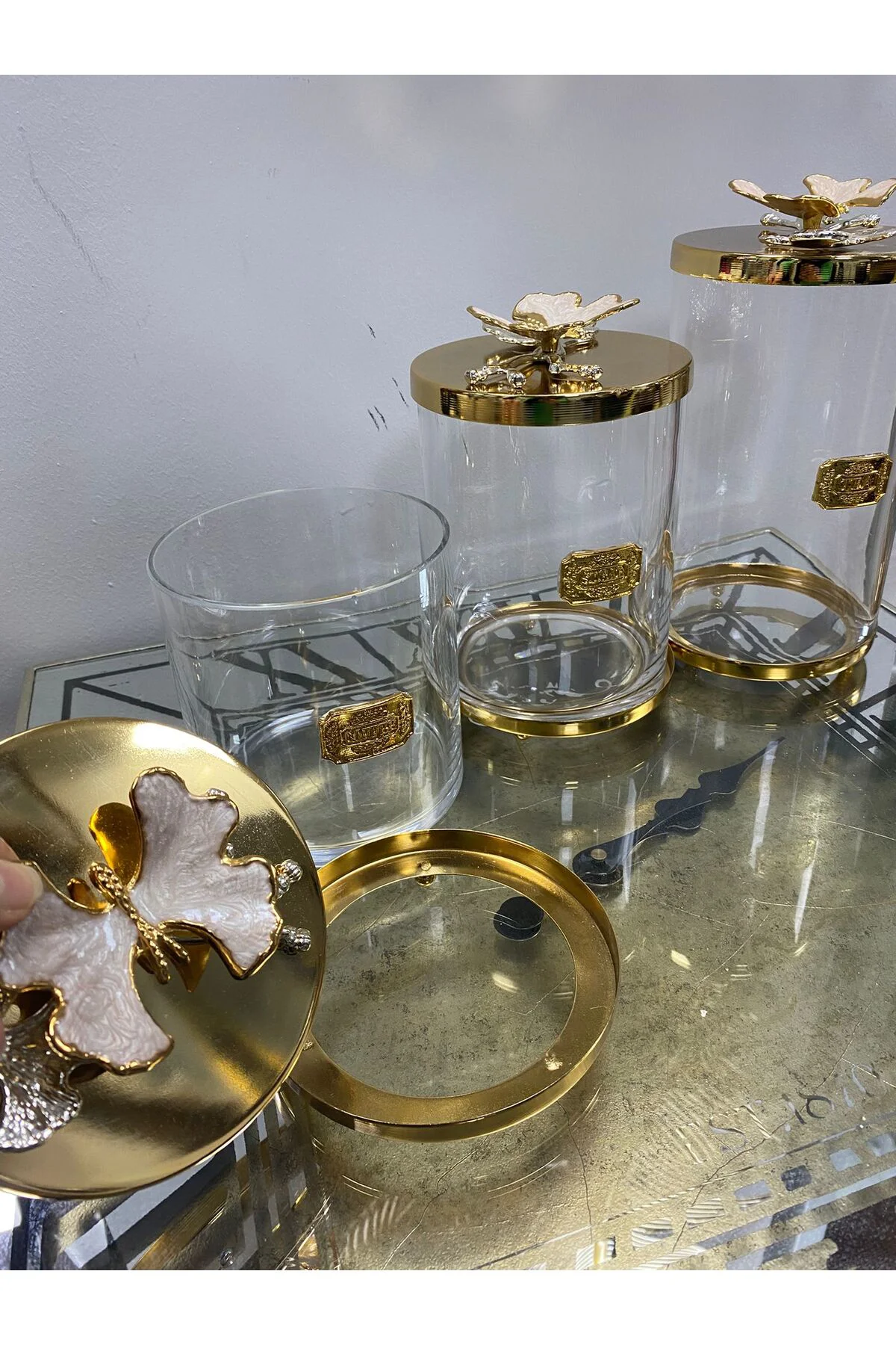 Sedefli Gold Detaylı Çay Şeker Kavanozu 3 Lü