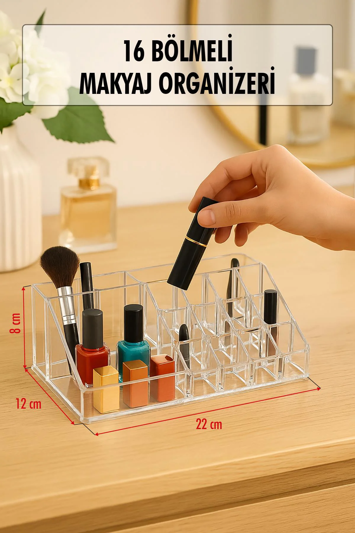 Şeffaf 16 Bölmeli Makyaj Organizeri Düzenleyici 12×22×8 cm Şeffaf 16 Bölmeli Makyaj Organizeri Düzenleyici 12×22×8 cm