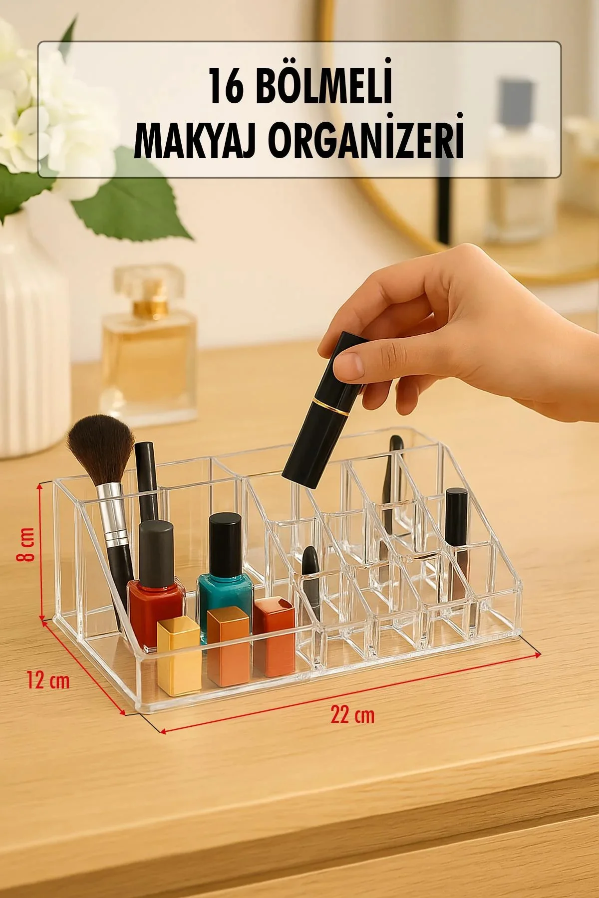 Şeffaf 16 Bölmeli Makyaj Organizeri Düzenleyici 12×22×8 cm Şeffaf 16 Bölmeli Makyaj Organizeri Düzenleyici 12×22×8 cm
