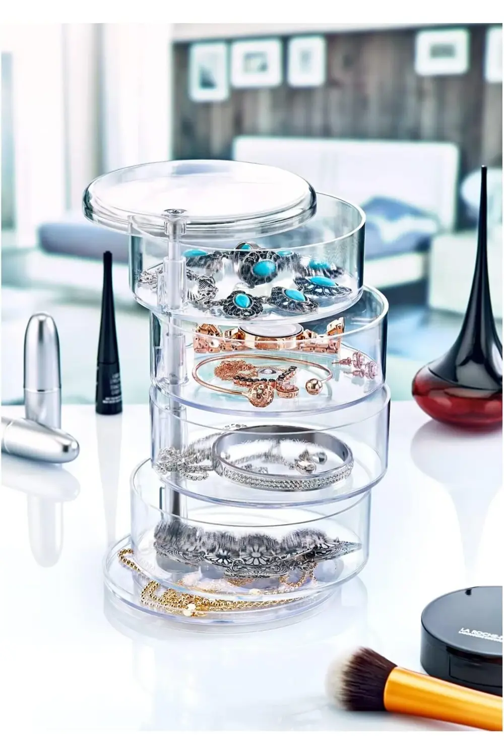 Şeffaf Akrilik 4 Katlı Dönebilen Takı Organizer Düzenleyici, Takı