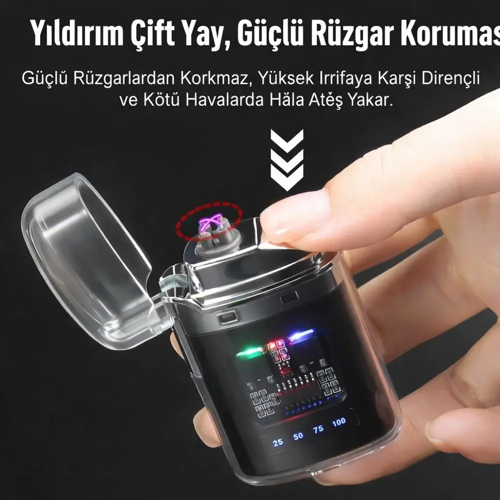 Şeffaf Çift Yaylı USB Şarjlı Elektronik Çakmak – Rüzgar Geçirmez, Şeffaf Çift Yaylı USB Şarjlı Elektronik Çakmak – Rüzgar Geçirmez,