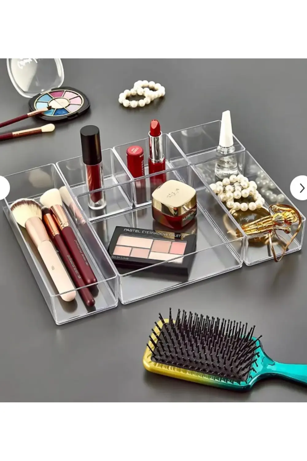 Şeffaf Çok Bölmeli Makyaj ve Düzenleme Kutusu Seti, Renkli Organi