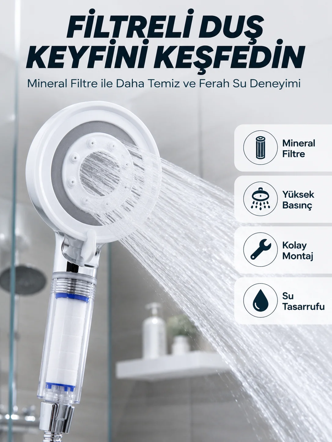 Şeffaf Filtre Hazneli Duş Başlığı Güçlü Akışlı Pratik Banyo Duşu
