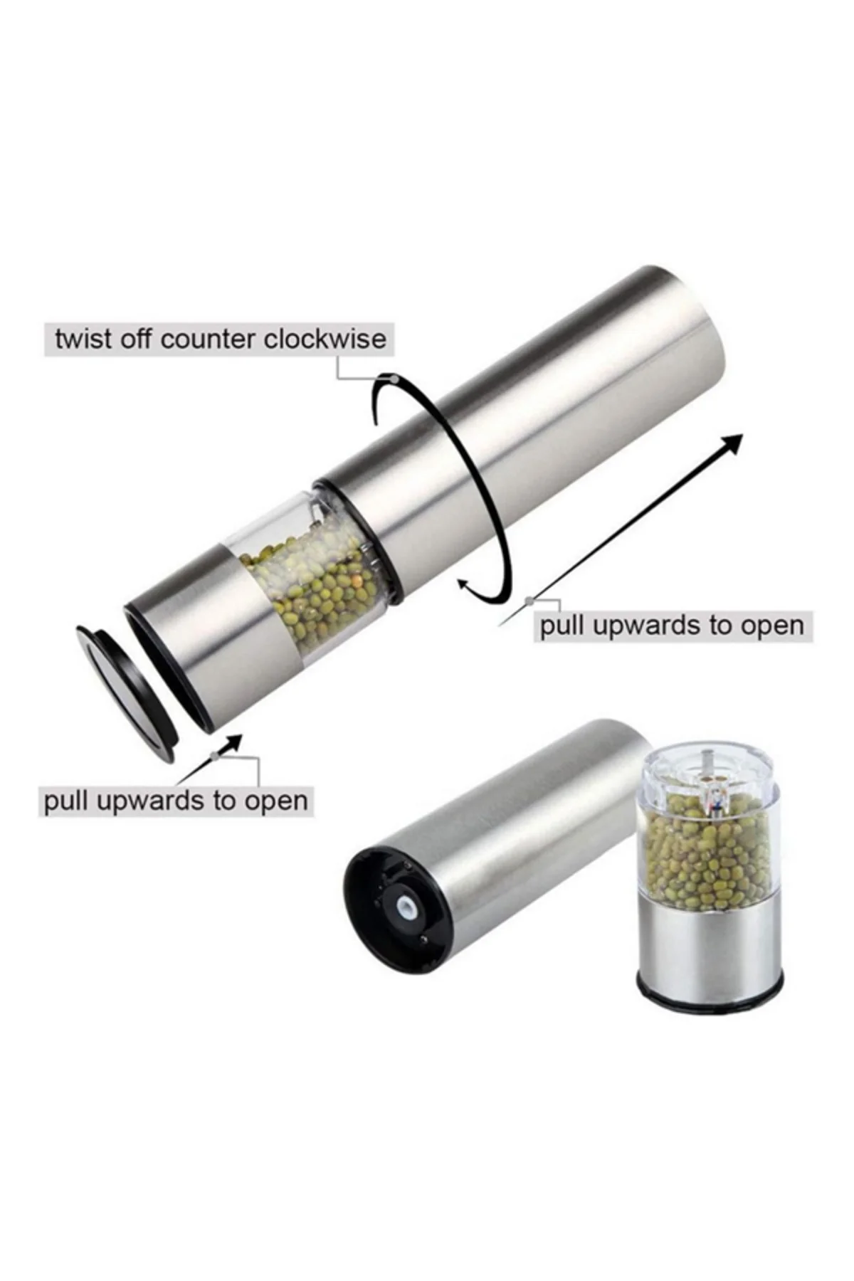 Şeffaf Hazneli Elektrikli Tuz Karabiber Öğütücü Pilli Taşınabilir