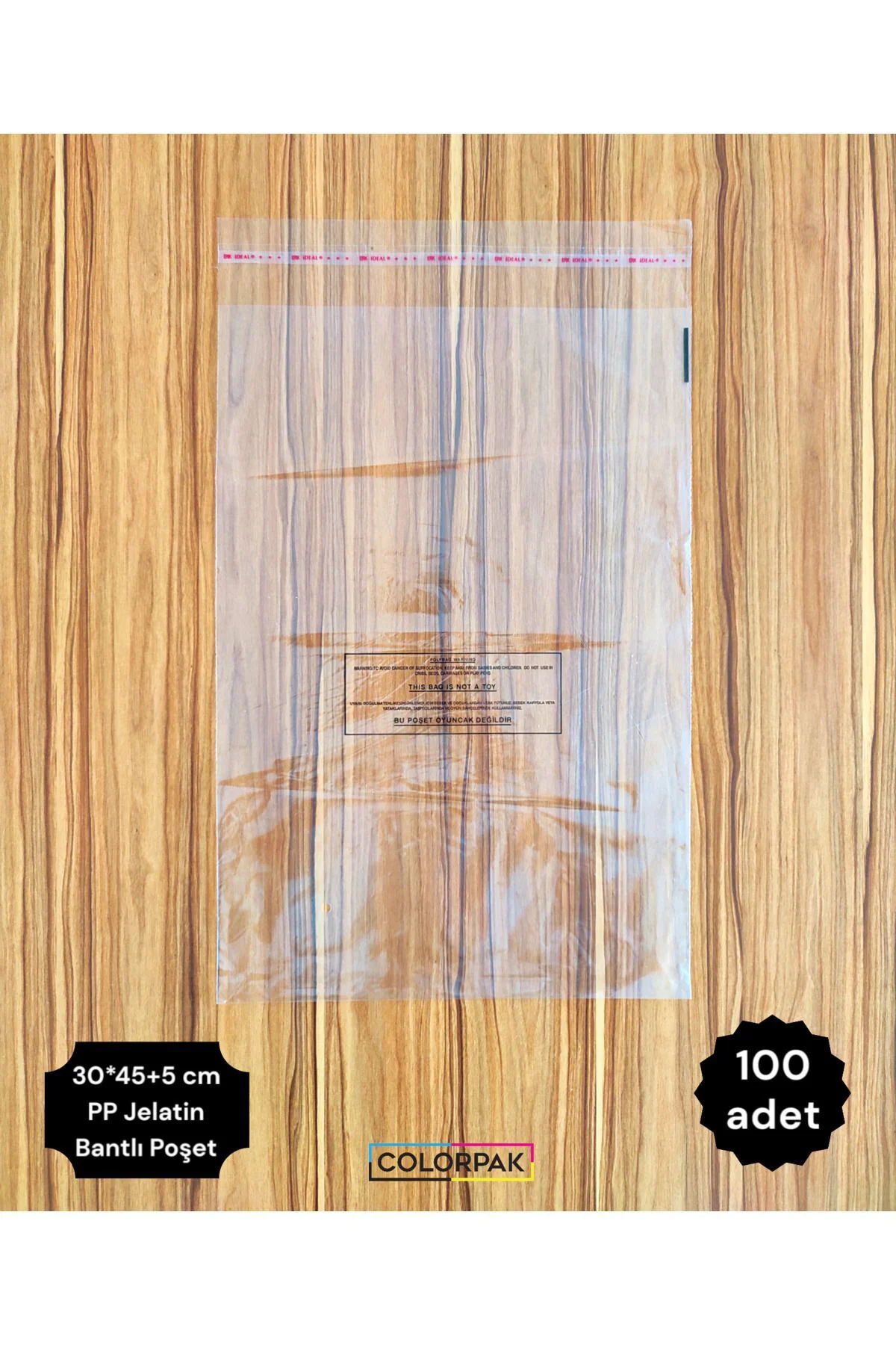 Şeffaf Jelatin Poşet (30*45+5 Cm) Bantlı Yapışkanlı (100 Adet)