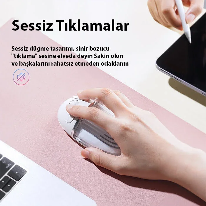 Şeffaf Kablosuz Mouse Bluetooth + 2,4GHz Şarjlı 1200DPI