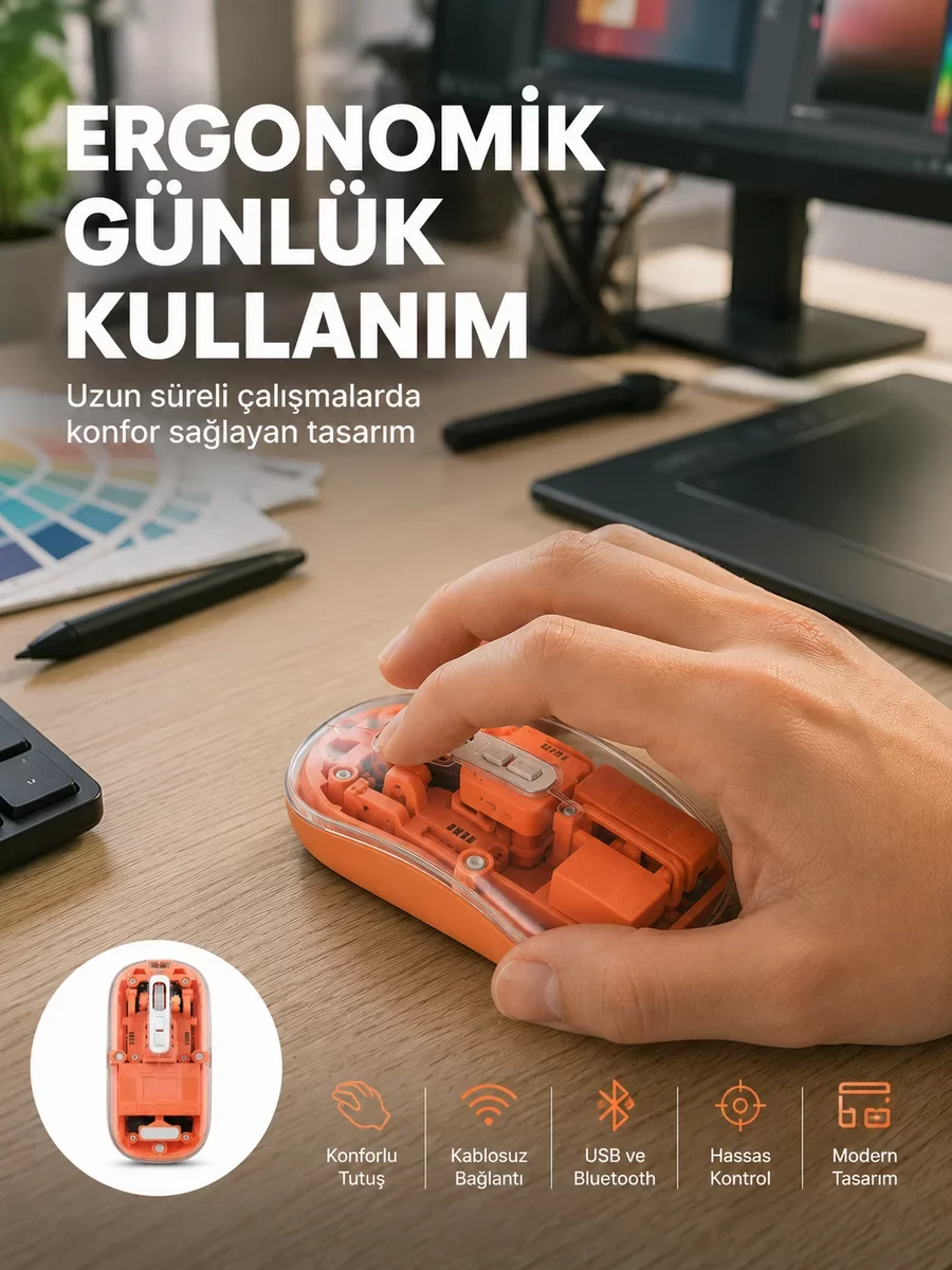 Şeffaf Kablosuz Mouse: Sessiz Tıklama ve Bluetooth ile Rahat Ofis Deneyimi