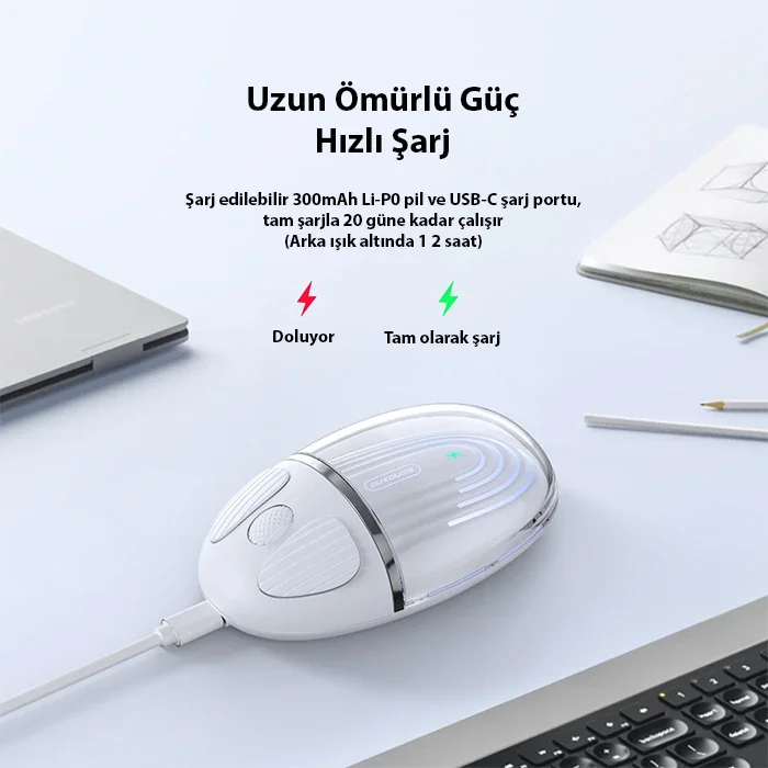 Şeffaf Kablosuz Mouse Bluetooth + 2,4GHz Şarjlı 1200DPI