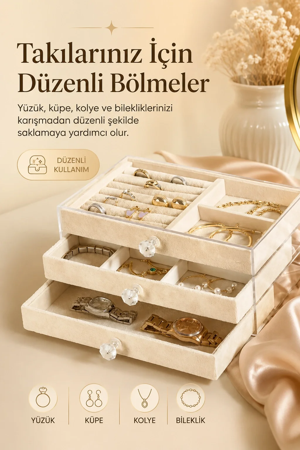 Şeffaf Kapaklı Kadife Takı Kutusu Çekmeceli Yüzük Kolye Saat Organizeri